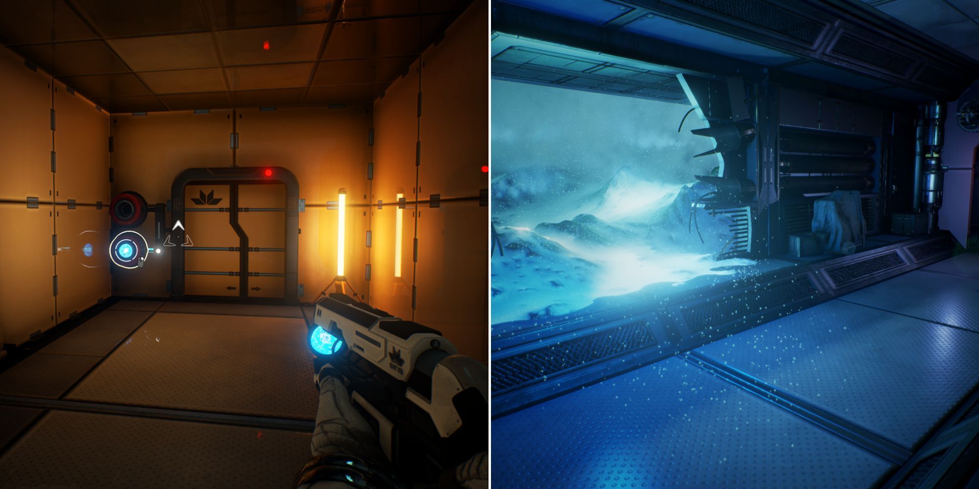 POV Of The Player Aiming A Gun Towards A Doorway And A Broken Part Of The Ship Leading To A Icy Landscape In The Turing Test