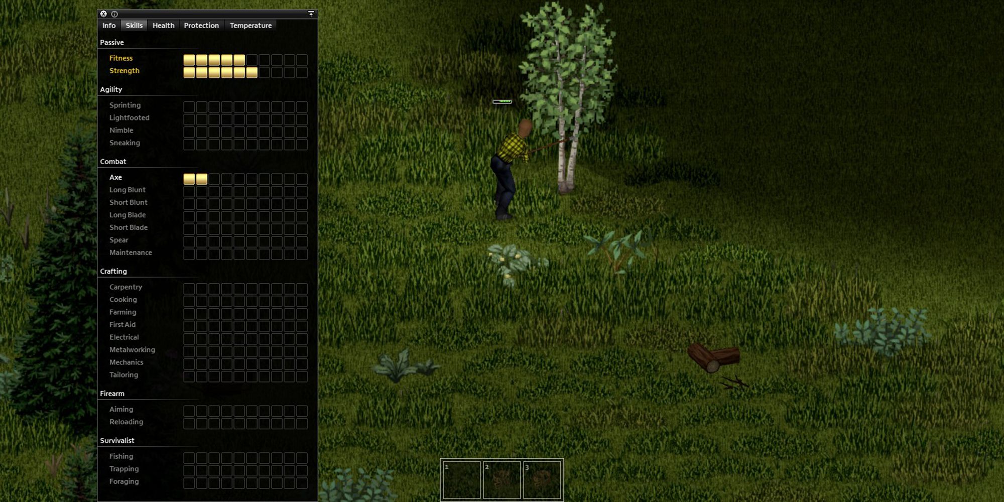 Project Zomboid a lumberjack cutting down a tree with an axe