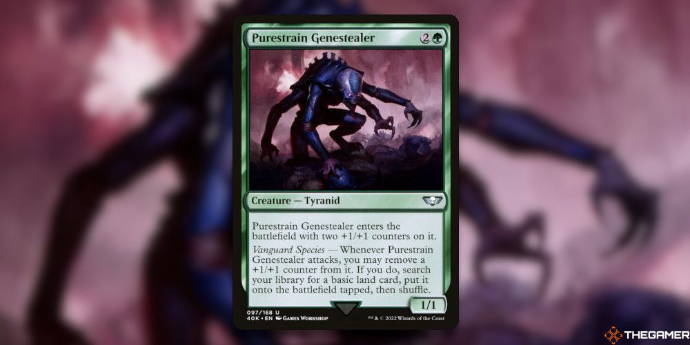 Purestrain Genestealer Card In Front Of Blurred Version of the Card Art