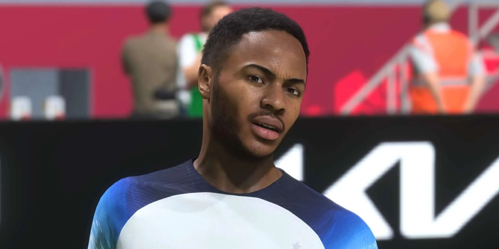 Raheem Sterling wearing the England home kit in FIFA 23