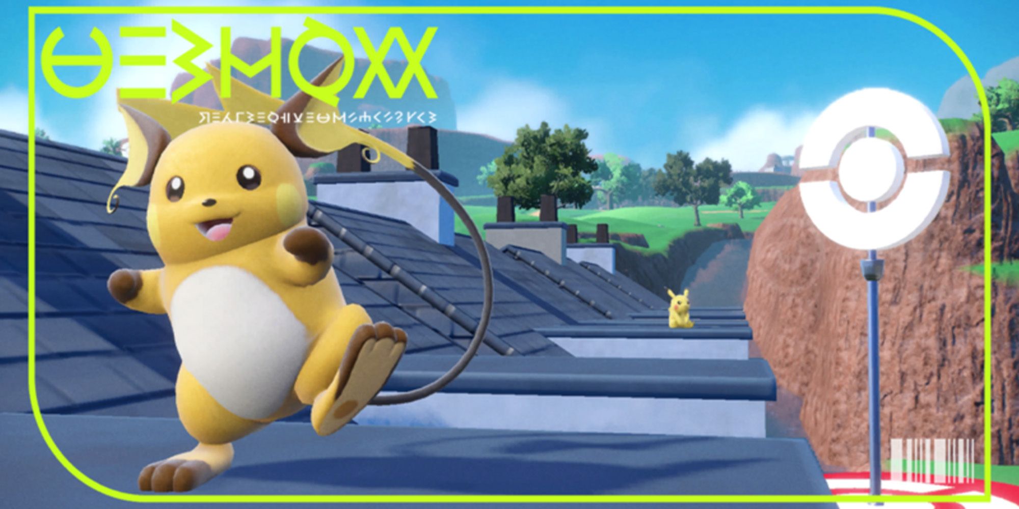 Raichu dancing on the roof of a house  in its pokedex picture for Pokemon Scarlet and Violet