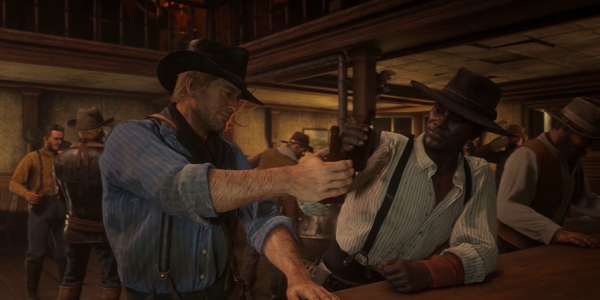 Red Dead Redemption 2 Screenshot Of Arthur and Lenny Drinking Together