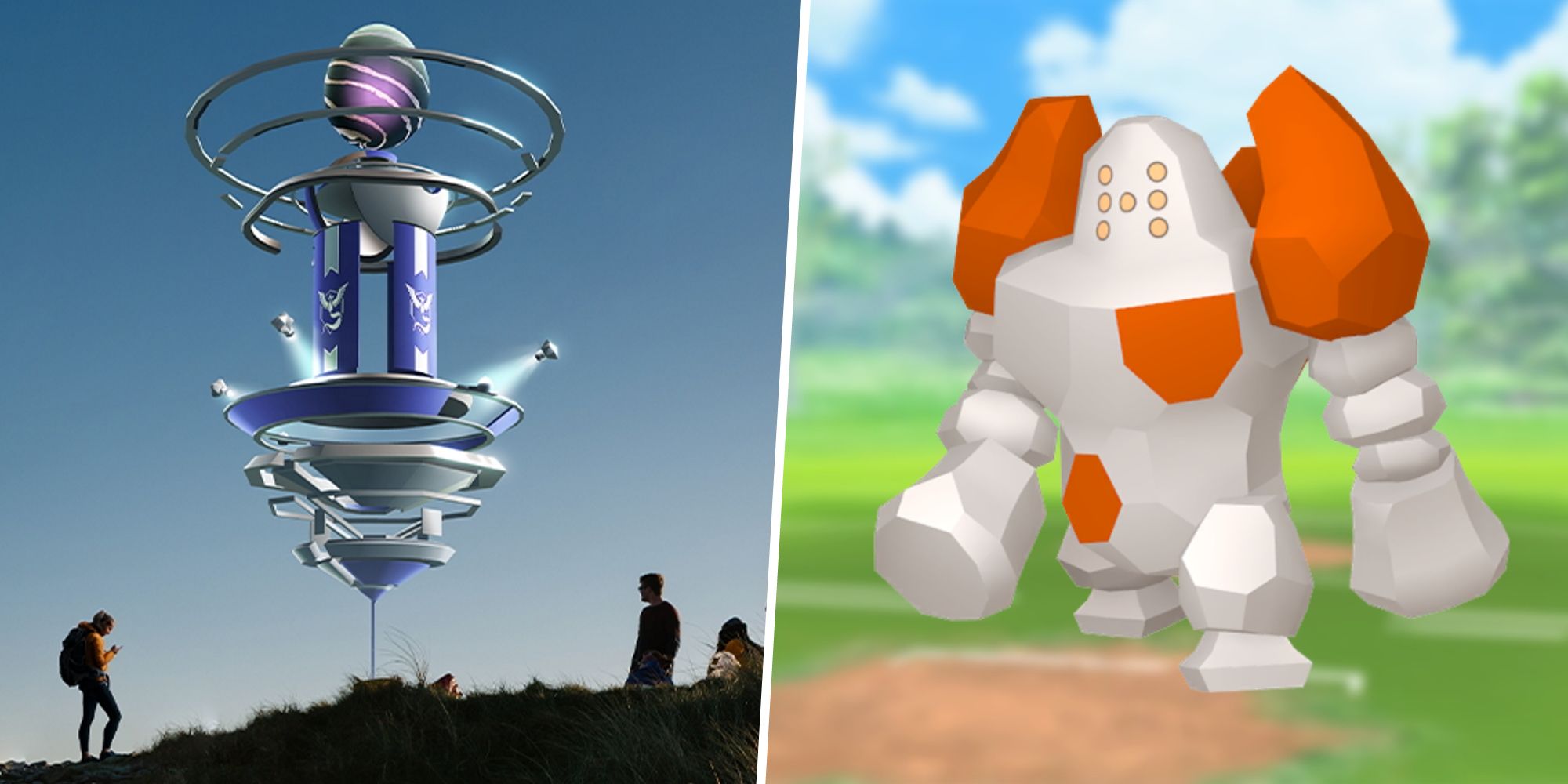 Image of people around a Pokemon Go Raid split with an image of Regirock from Pokemon
