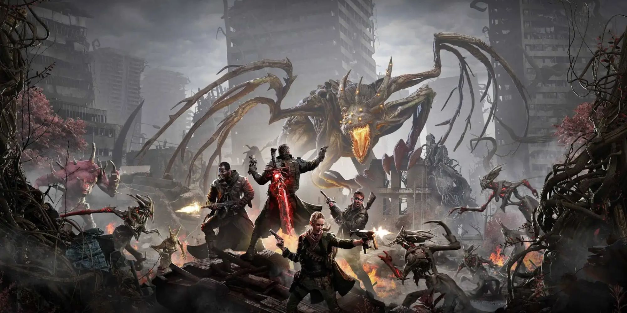 Remnant From The Ashes squad of 4 surrounded by dragon-like monsters.