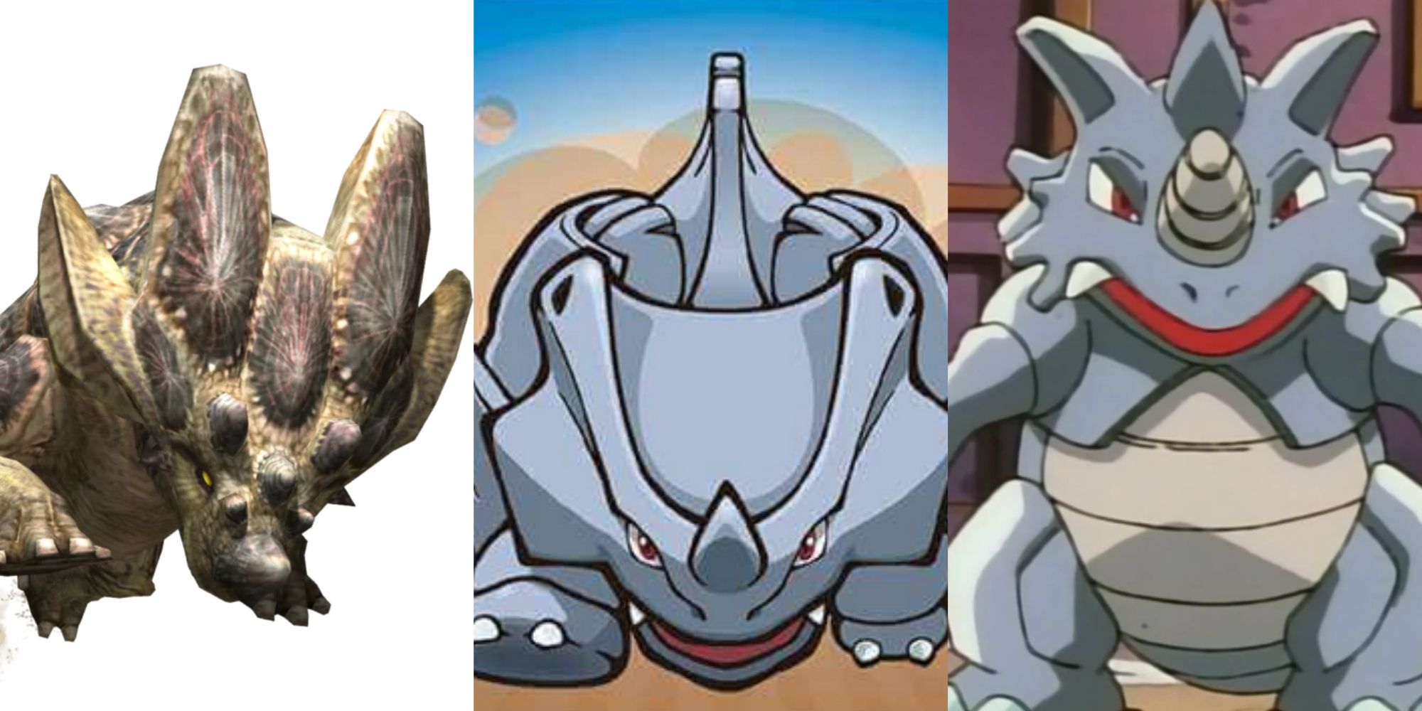 rhenoplos from monster hunter tri, rhyhorn pokemon card art, and rhydon anime art