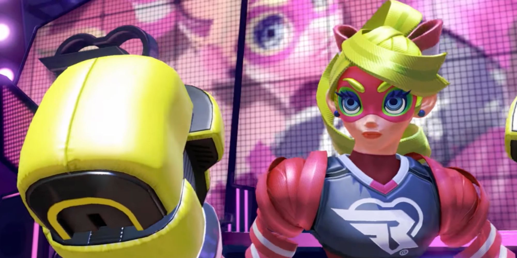 Ribbon Girl from ARMS on her ribbon stage in the game ready to fight