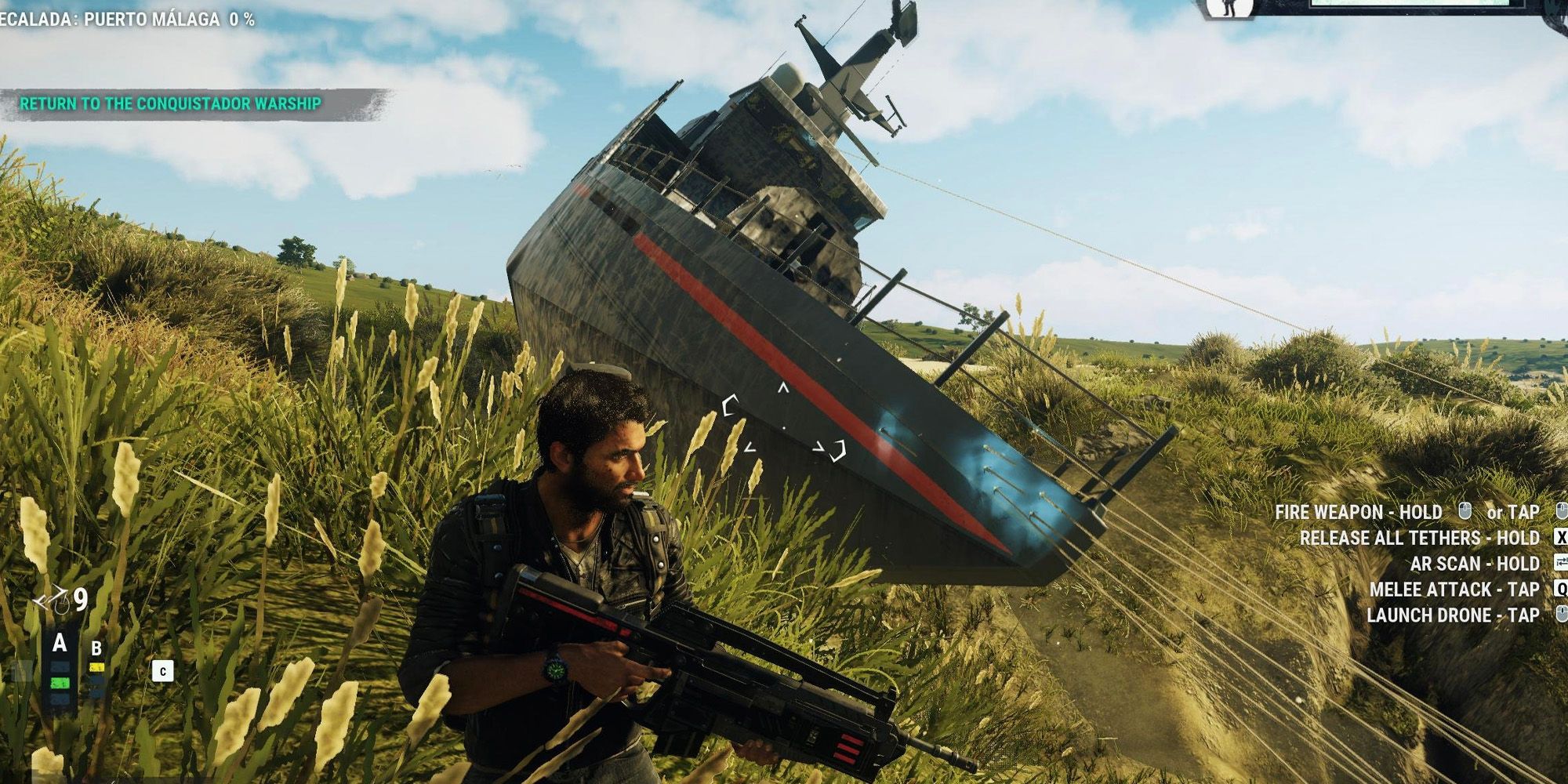 rico standing in front of the camera with a grappled boat behind him in just cause 4