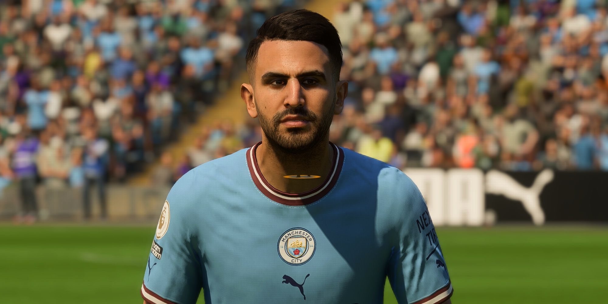 Riyad Mahrez wearing the Manchester City home kit in FIFA 23