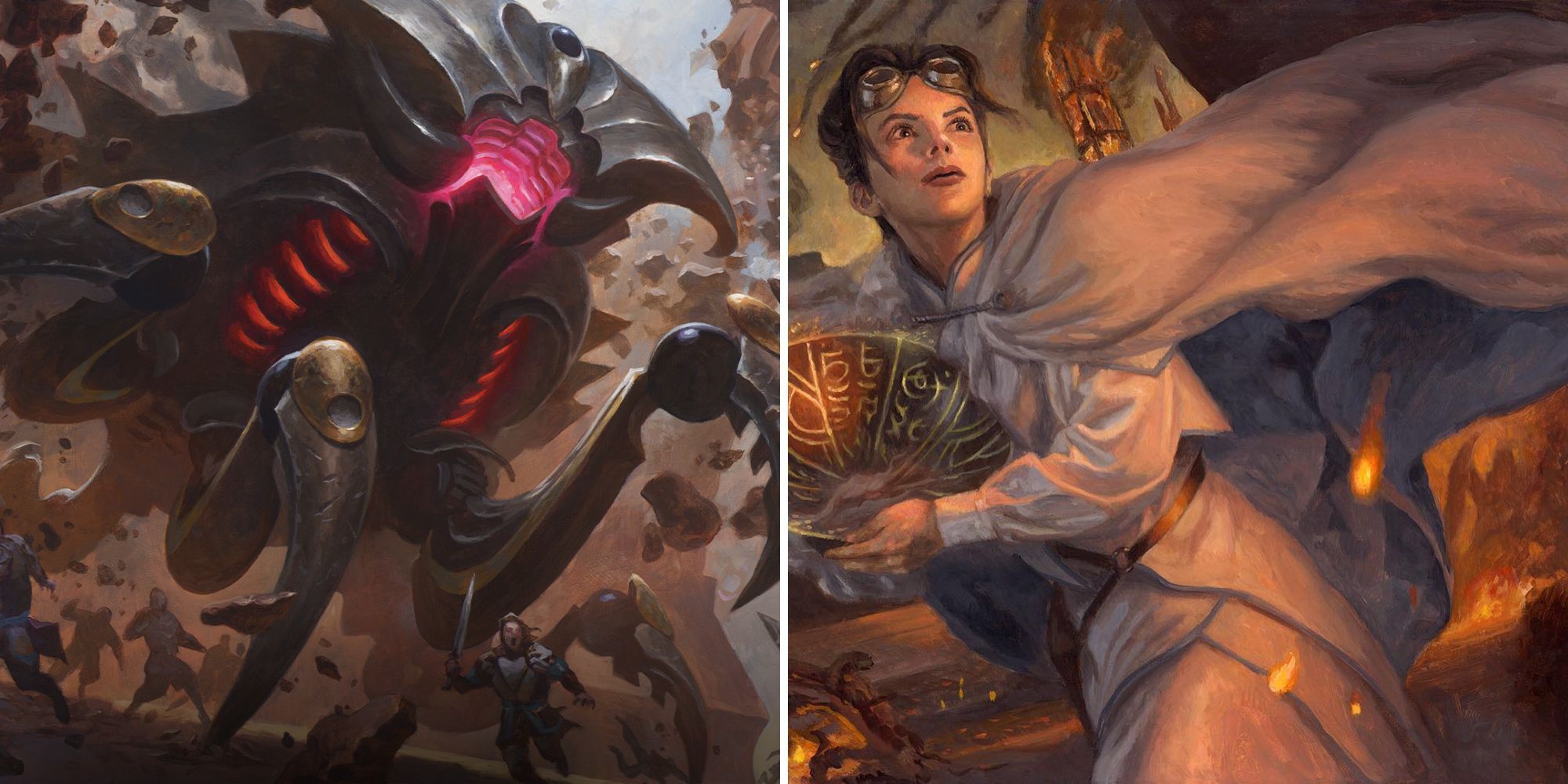MTG art showing a robot engine destroying a city and a civilian escaping