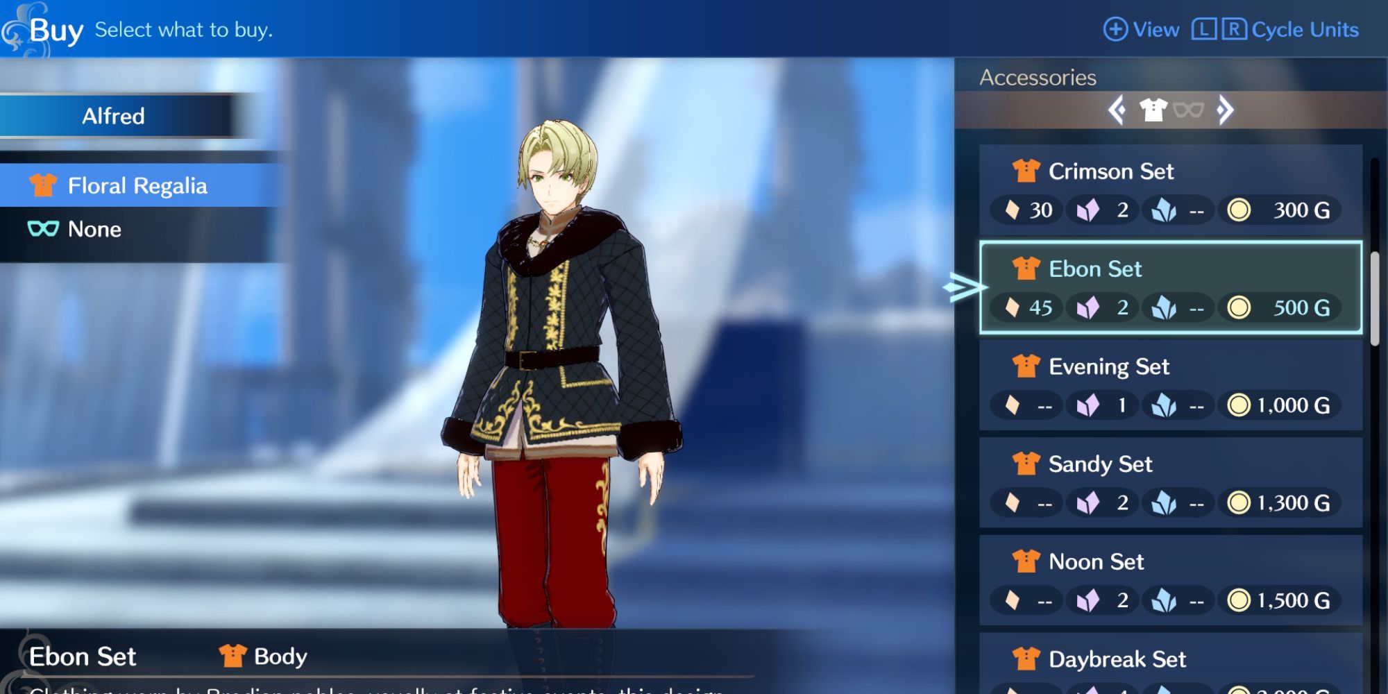Fire Emblem Engage - Alfred wearing the Ebon Set