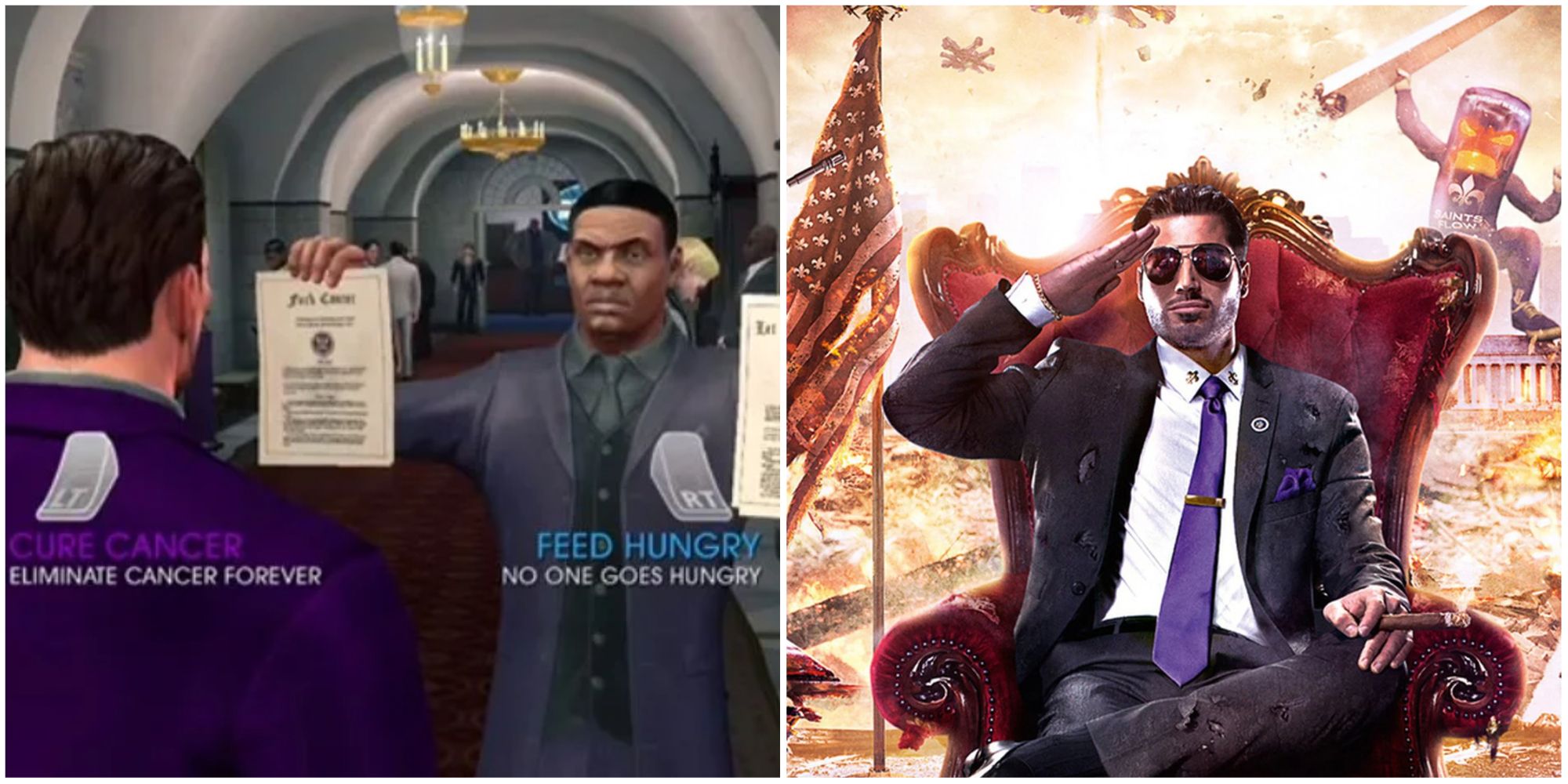 Saints Row 4 - The Boss choosing between curing cancer or solving world hunger and the The Boss as sitting President of the USA