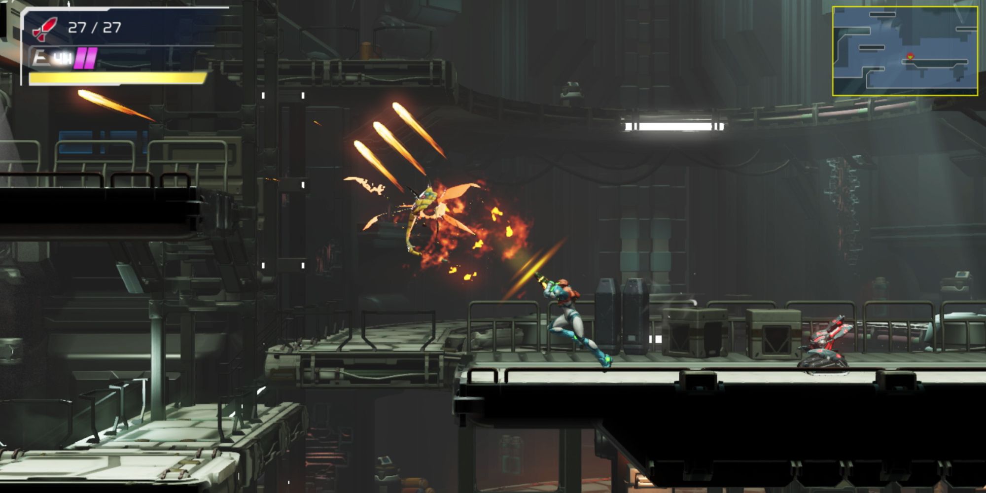 Samus fighting enemies in Metroid Dread