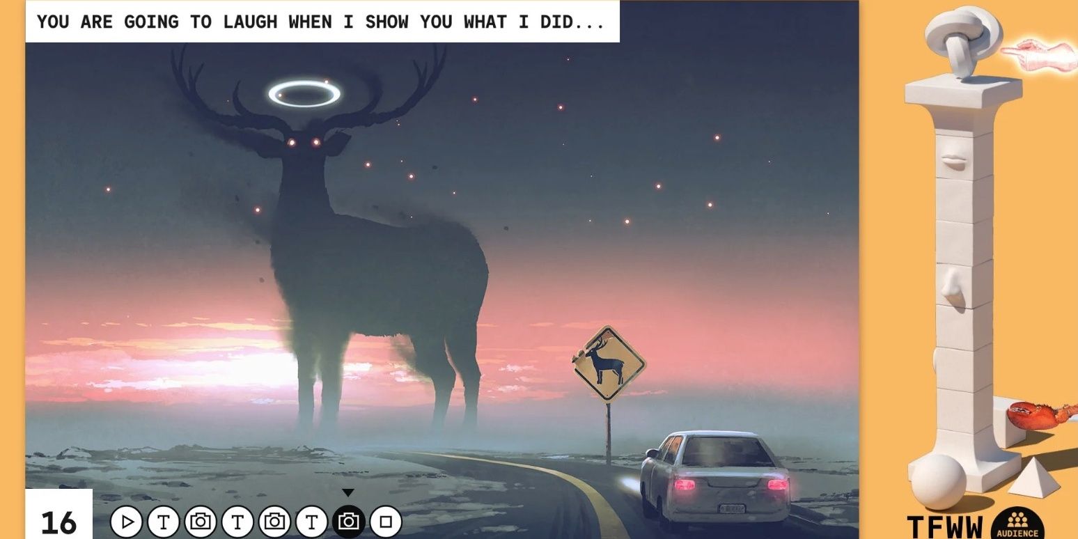 a car drives towards a giant, shadow deer with a halo above its head