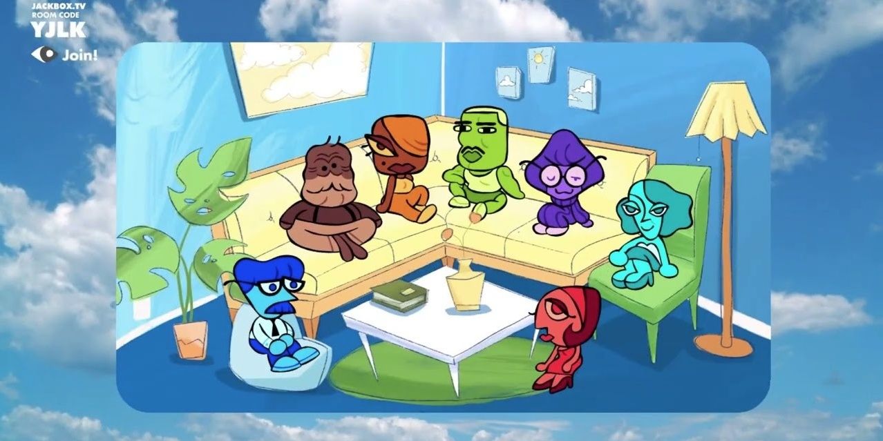 A bunch of people sitting around a living room with a sky background