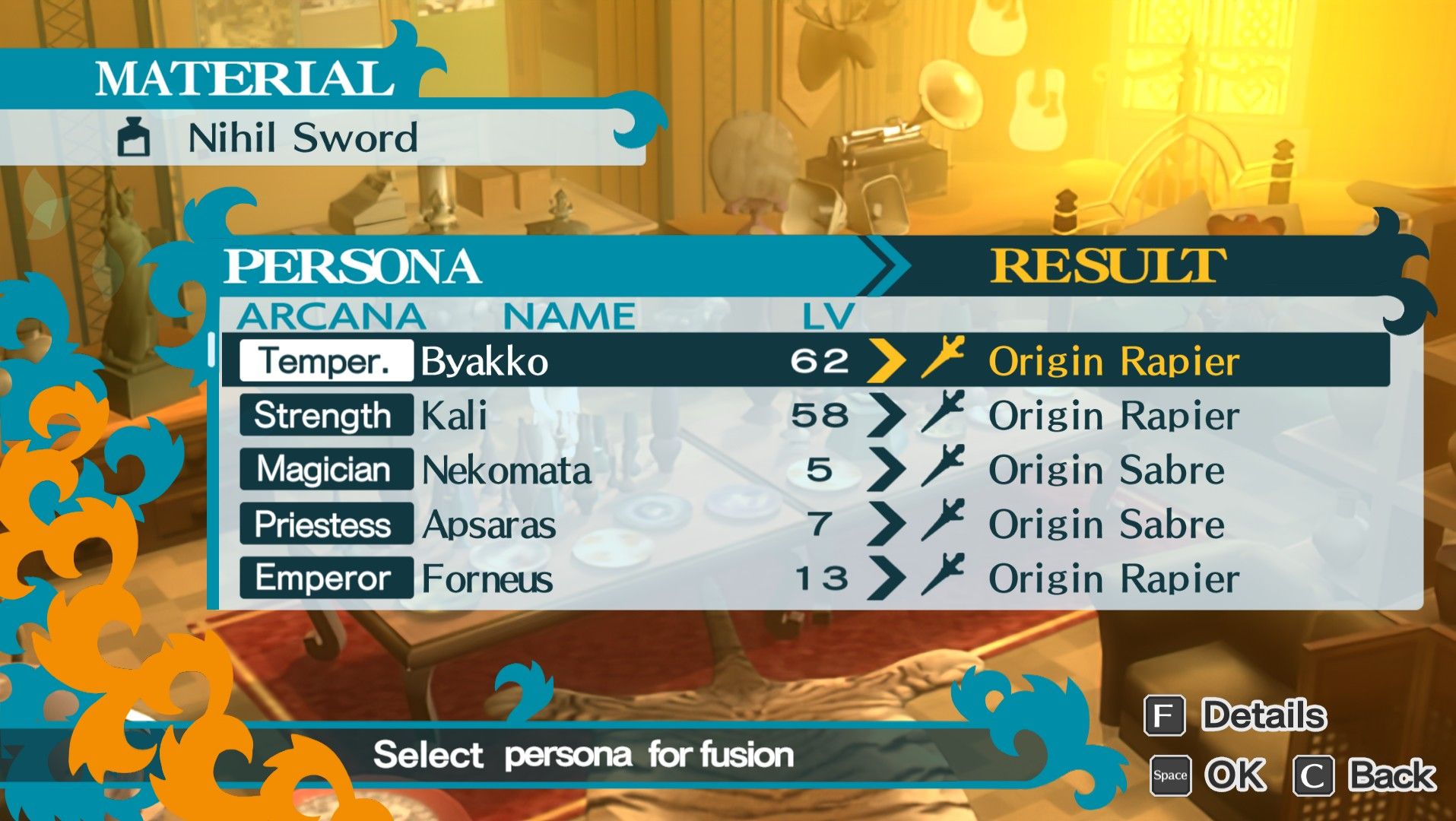 screenshot showing fusion of regular personas to nihil weapons in shinshoudo antiques in persona 3 portable
