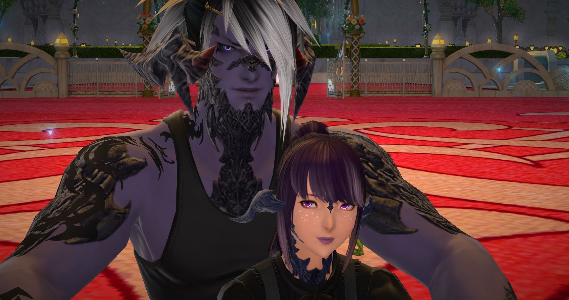 Shu and Empress Saiko posing together in Final Fantasy 14.