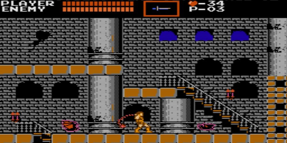 Simon Belmont using his whip to hit an enemy in Castlevania