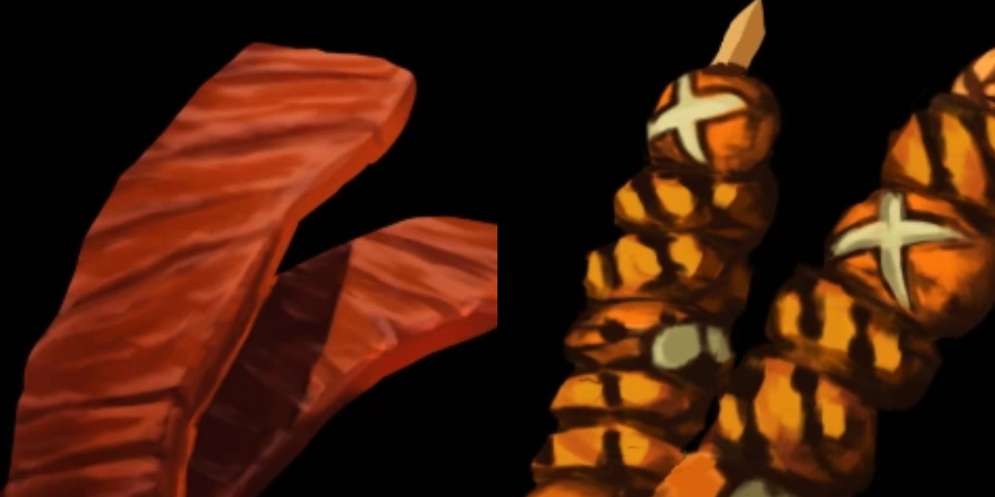 Jerky (left) and Skewers (right) on a black background