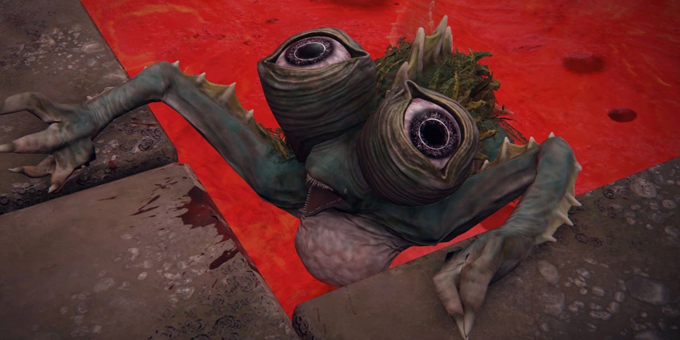 A Basilisk crawling out of the lava in the Lake of Rot.
