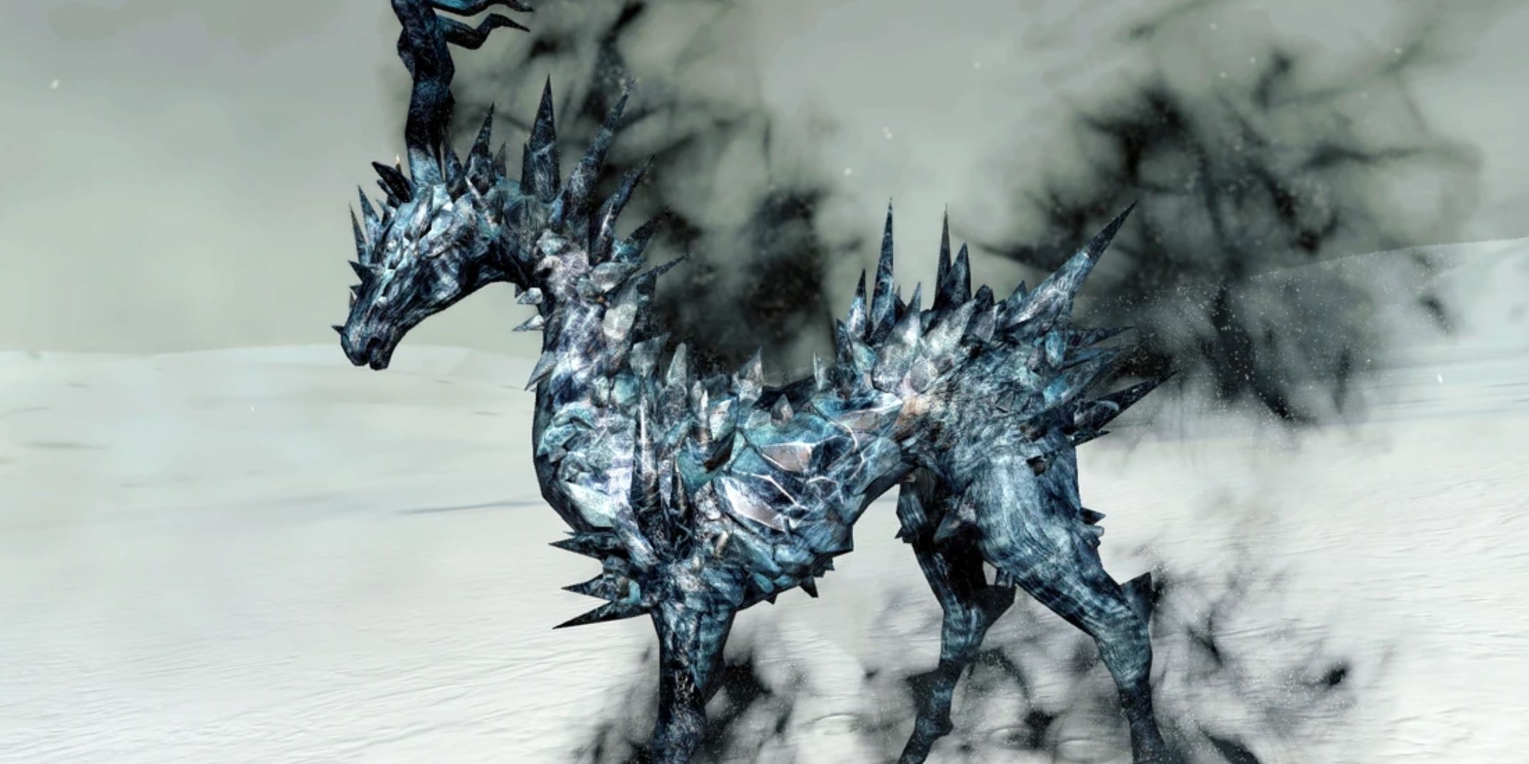 A Frozen Reindeer stands among the snow.