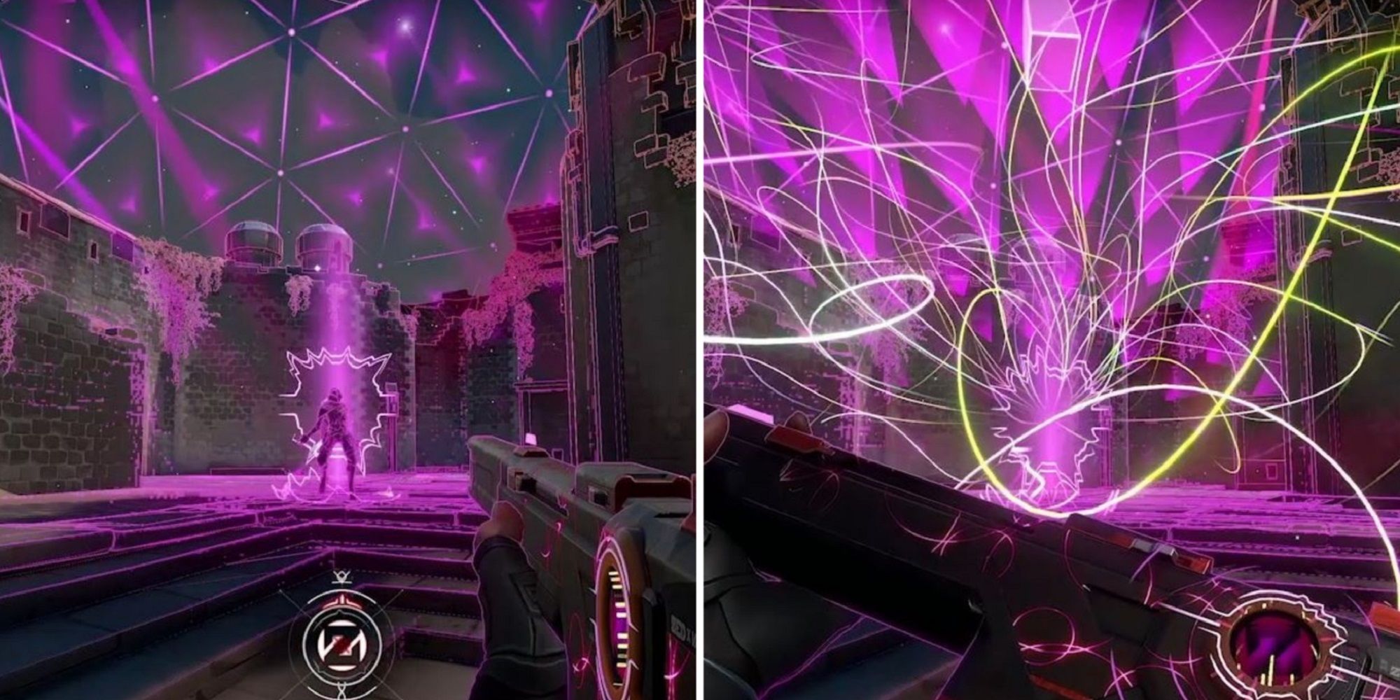 Omen Glowing Purple While The Sky Is Lit Up By A Purple Dome And Yellow Streams Flying In All Direction While Player Inspects Their Weapon