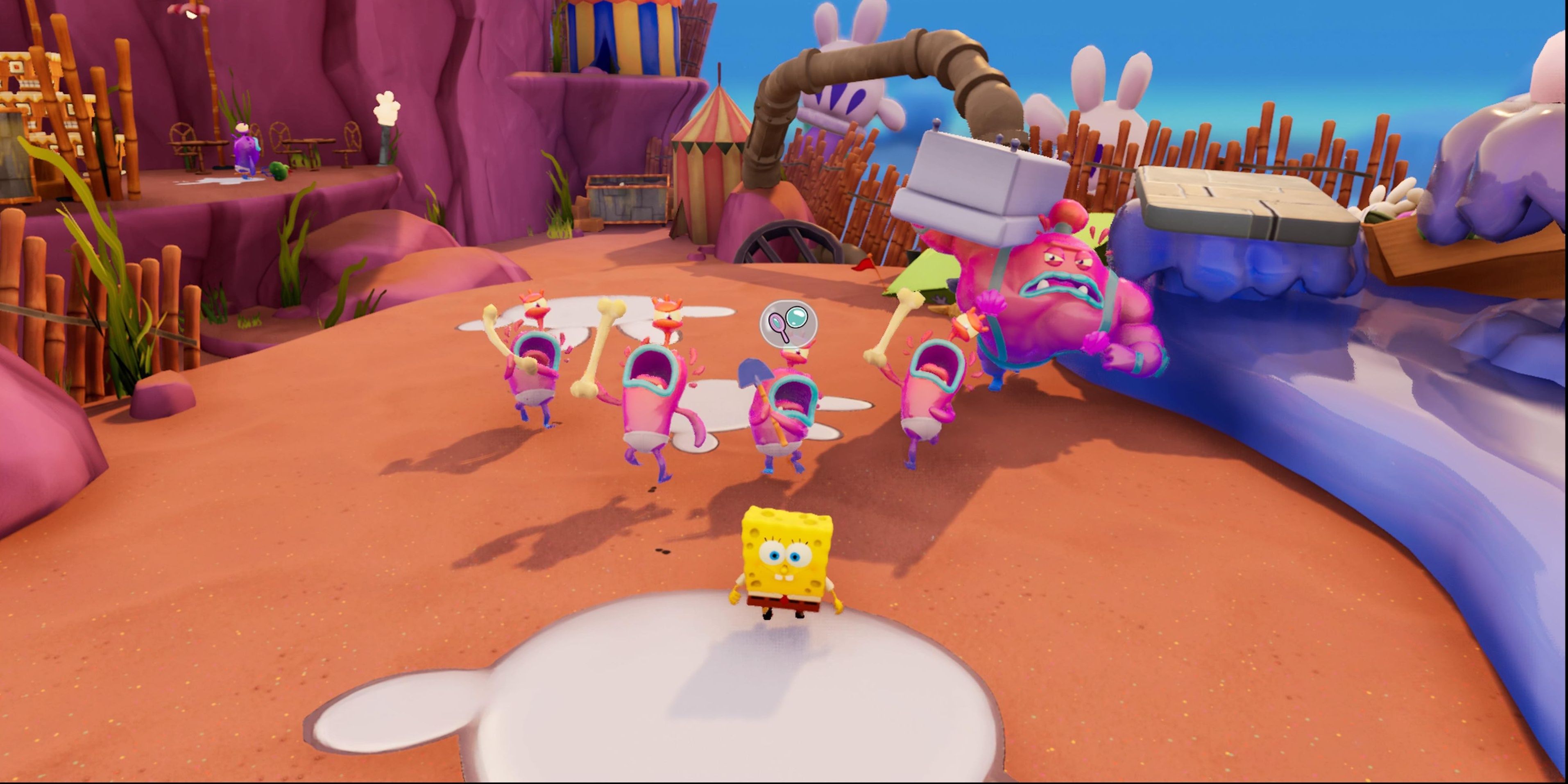 Four Jellies and one Big Jelly chasing SpongeBob in SpongeBob SquarePants: The Cosmic Shake