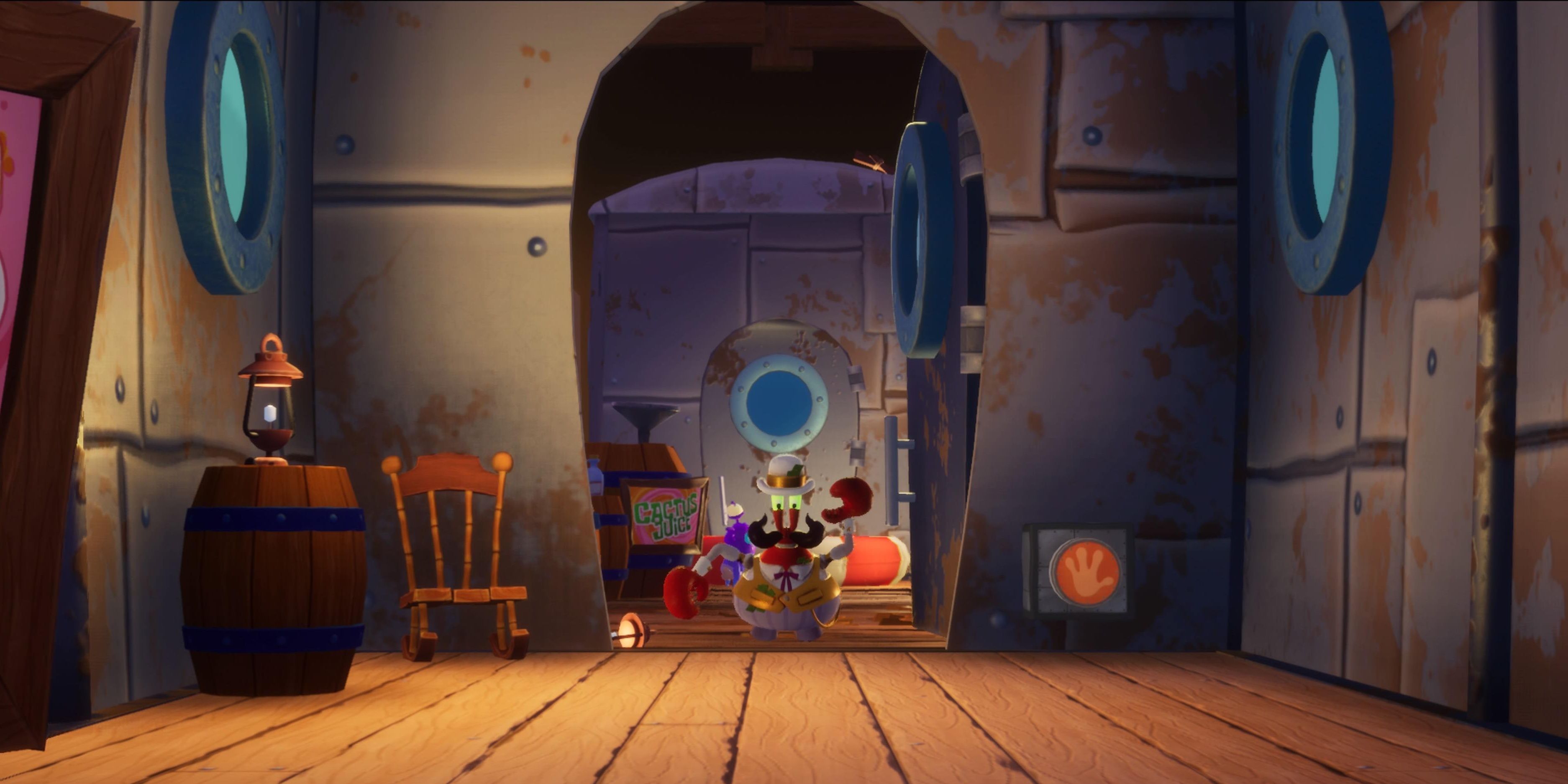Mr. Krabs about to close the door of a train car in SpongeBob SquarePants: The Cosmic Shake