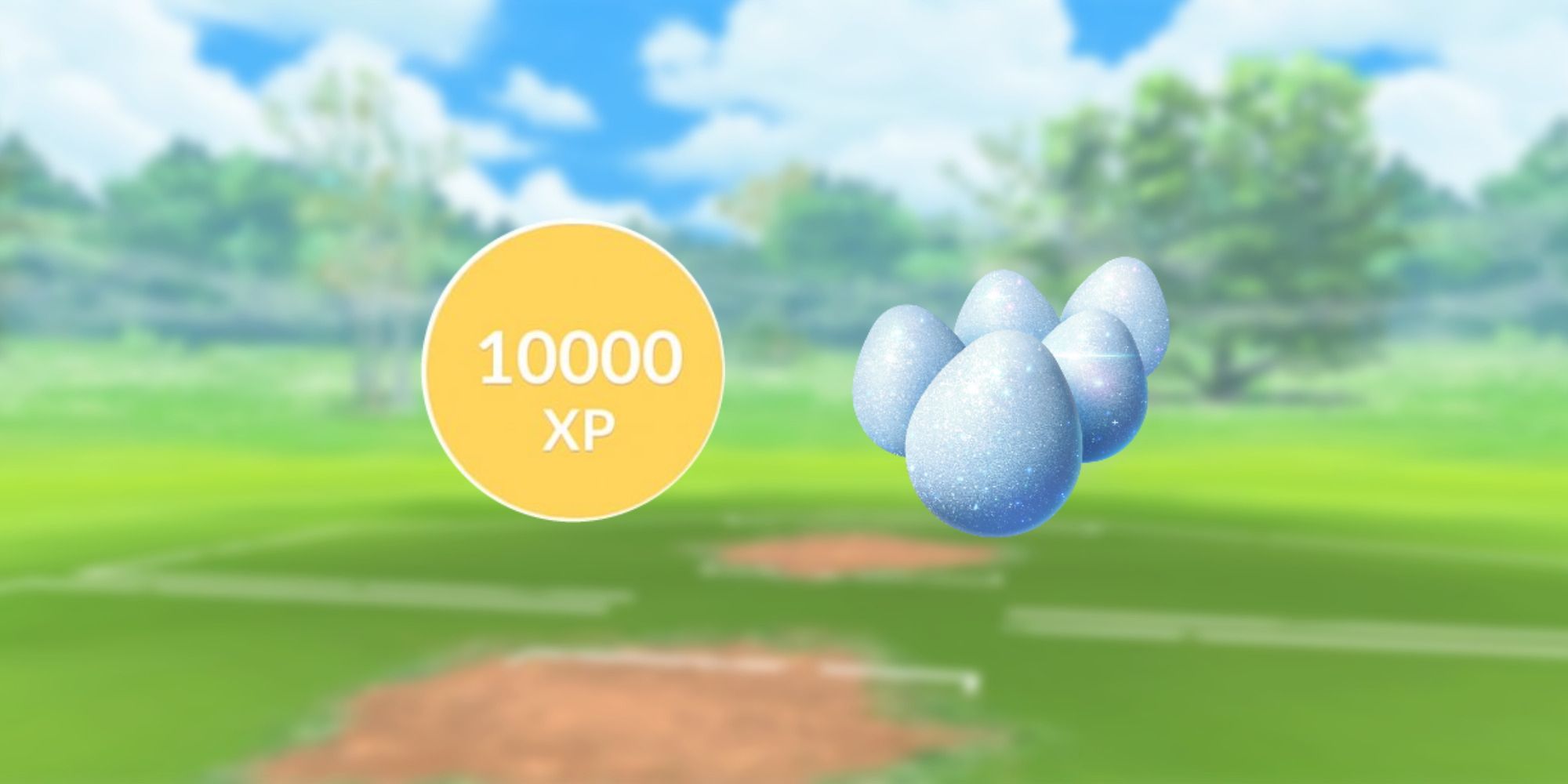 "10,000 XP" in an orange circle with five Pokemon Go Lucky Eggs to the right of it