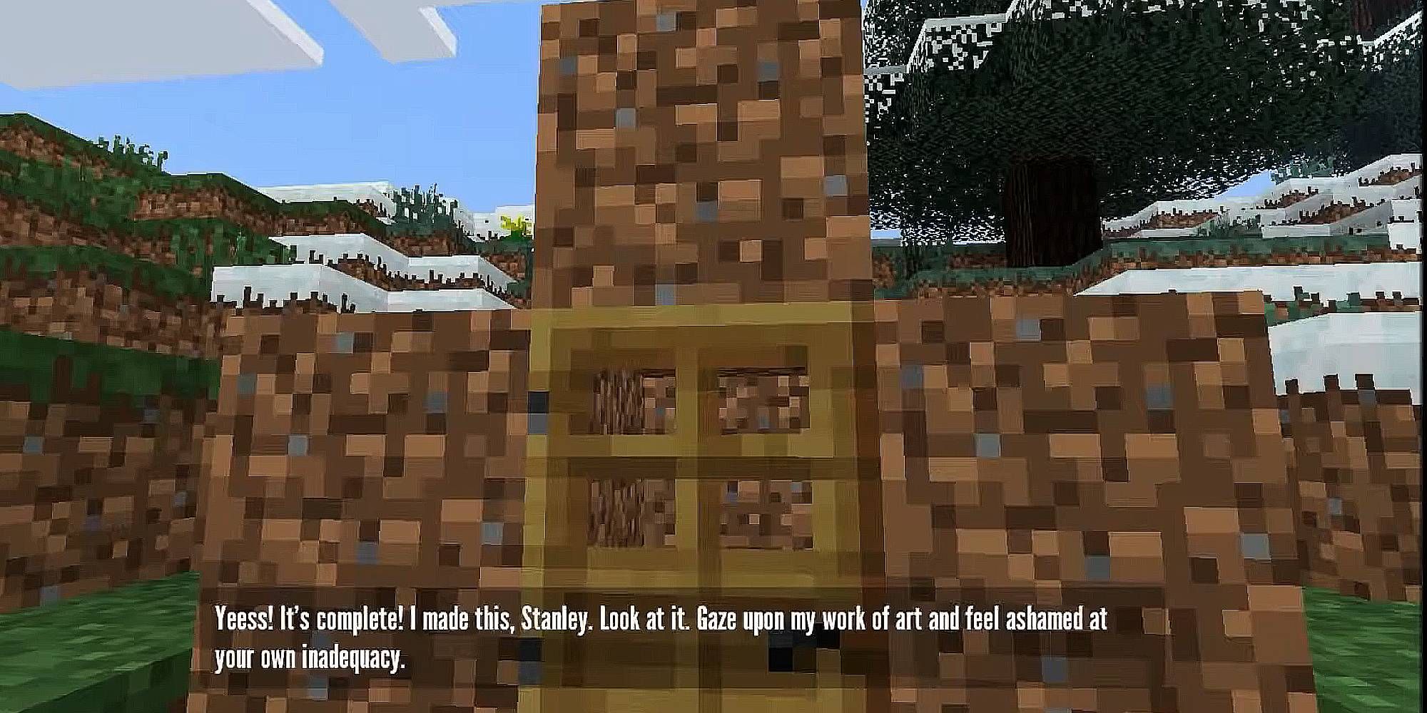 A blocky dirt house in Minecraft graphics with subtitles from the Stanley Parable narrator