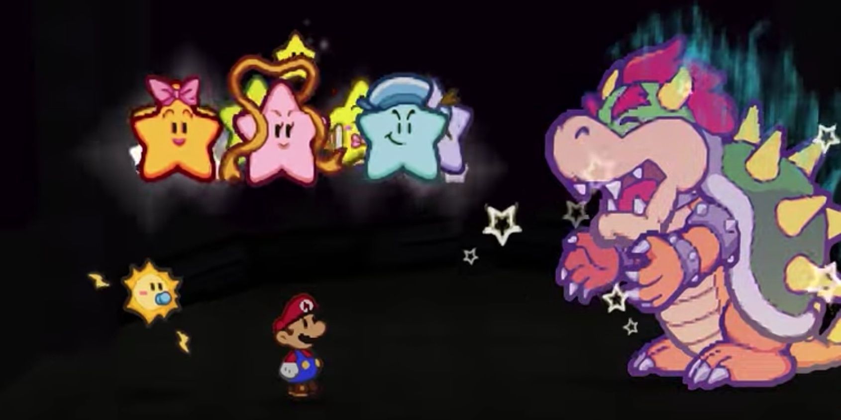 Paper Mario using the Star Spirits power to defeat Bowser
