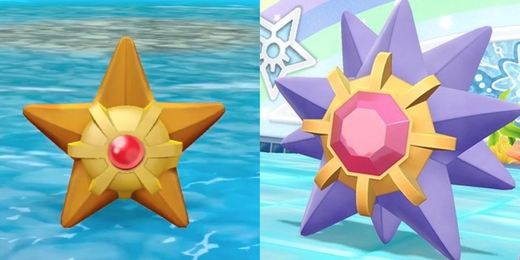 Staryu standing on water, Starmie in the Cerulean City Gym
