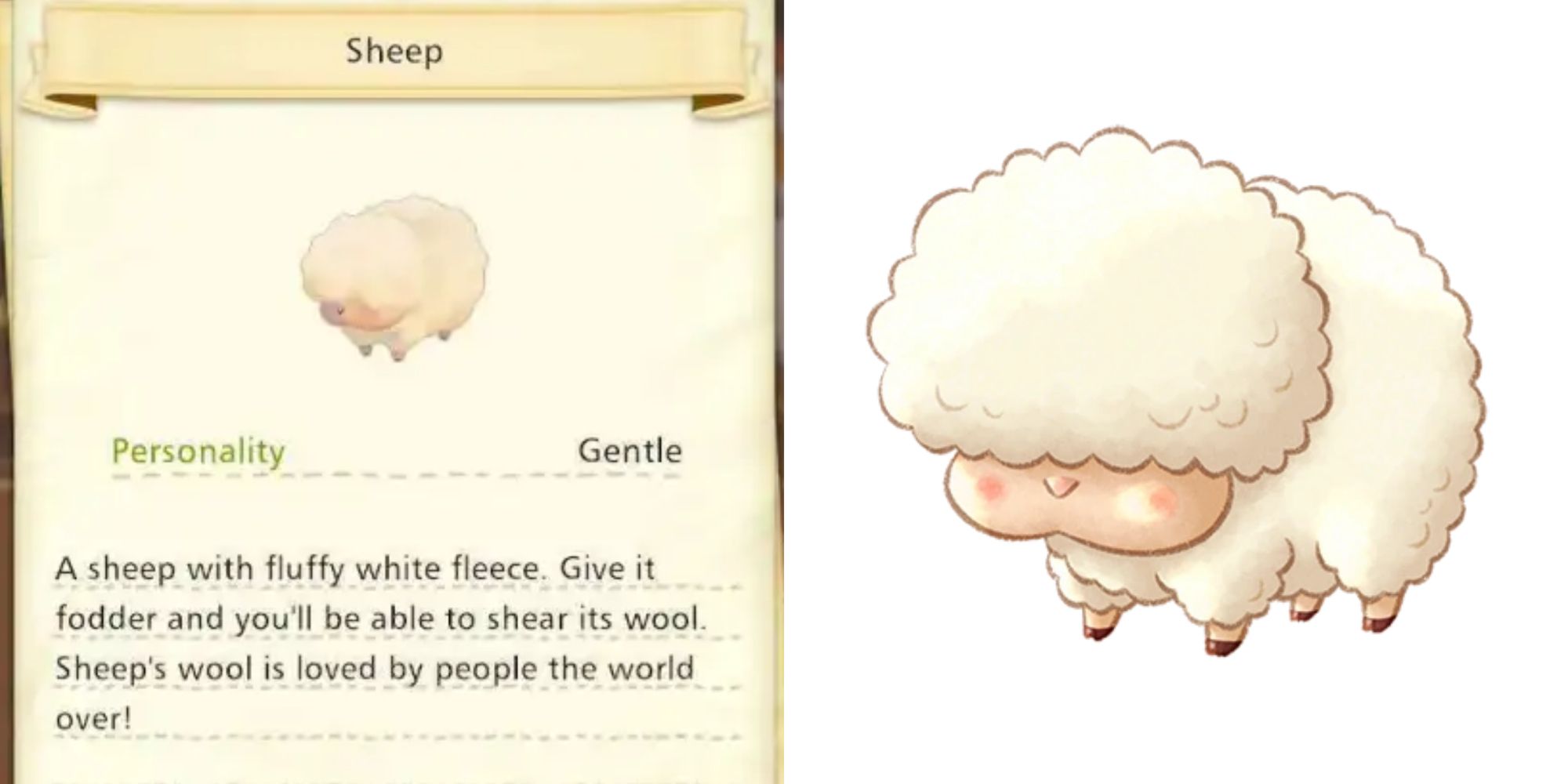 Split image screenshots of the sheep's description in the shop and official artwork of the sheep in Story of Seasons: Pioneers of Olive Town.