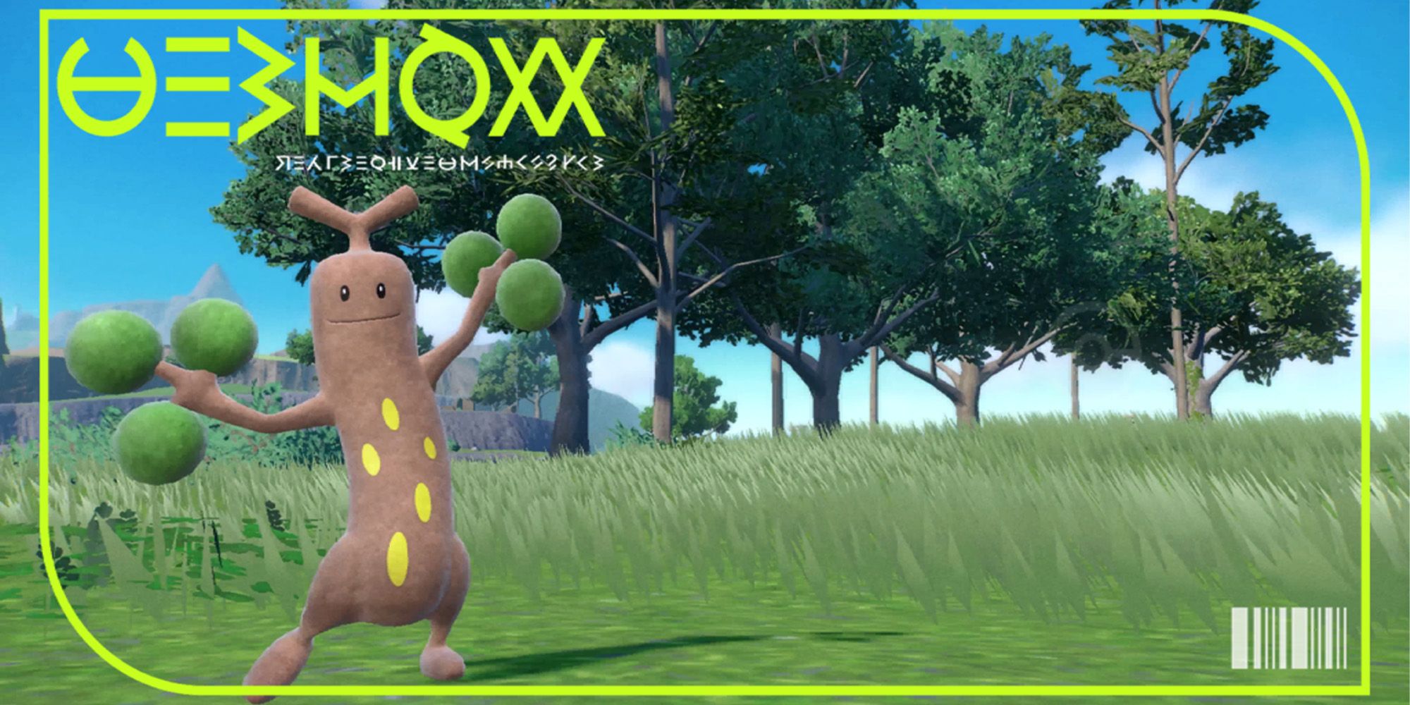 Sudowoodo posing in a grassy feild  in its pokedex picture from Pokemon Scarlet and Violet