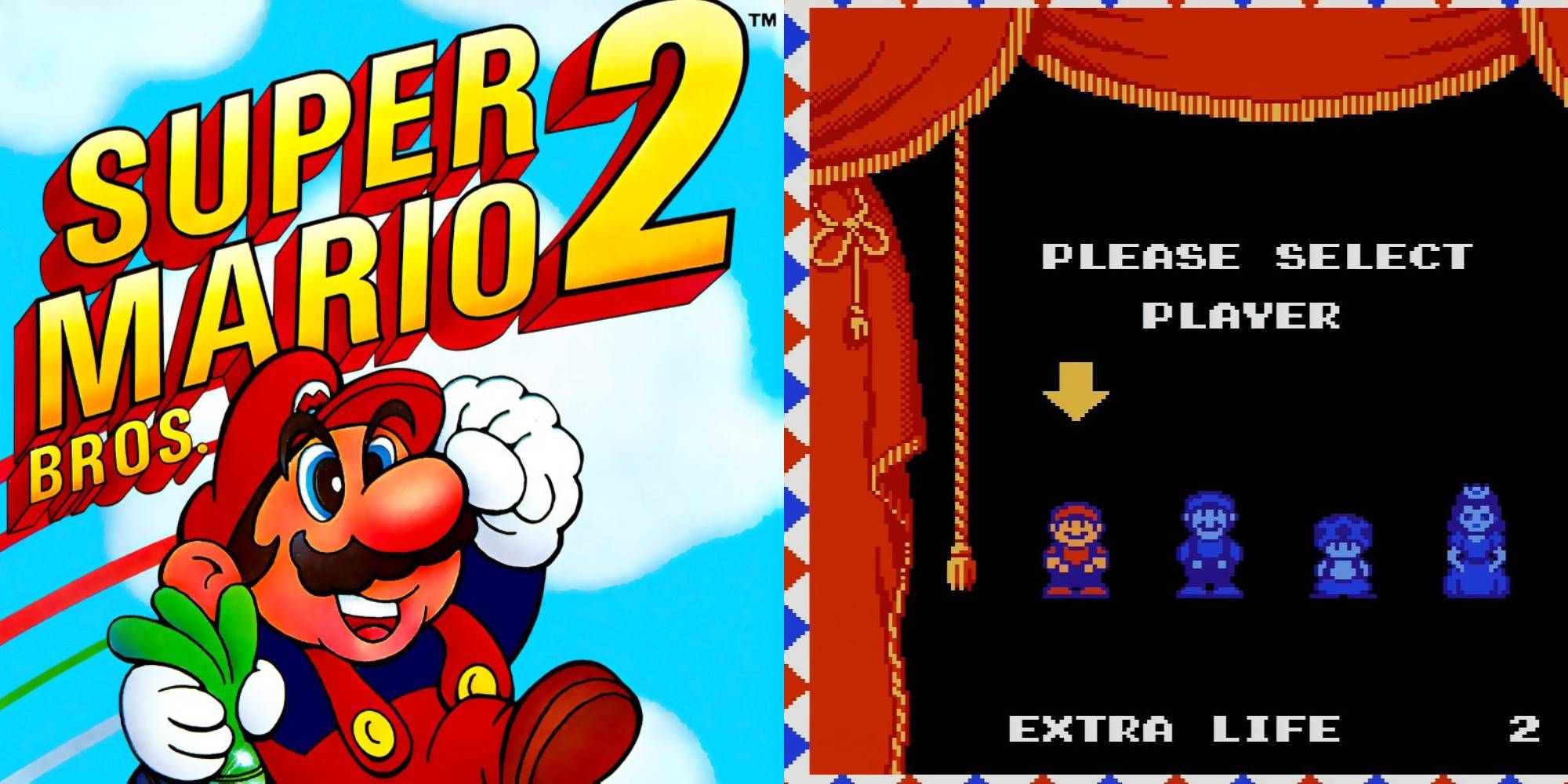 Super Mario Bros 2 - box art and character select screen