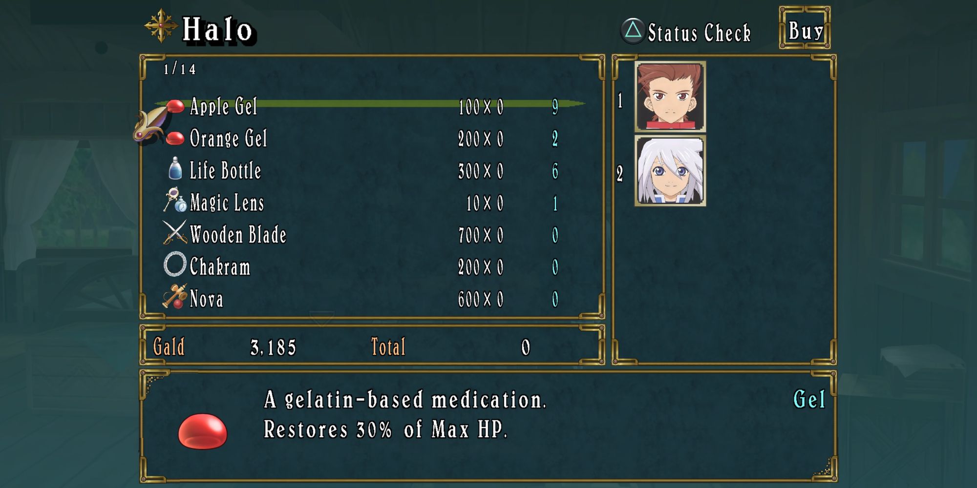 A list of Items you can purchase from the Halo Shop in Iselia in Tales of Symphonia Remastered