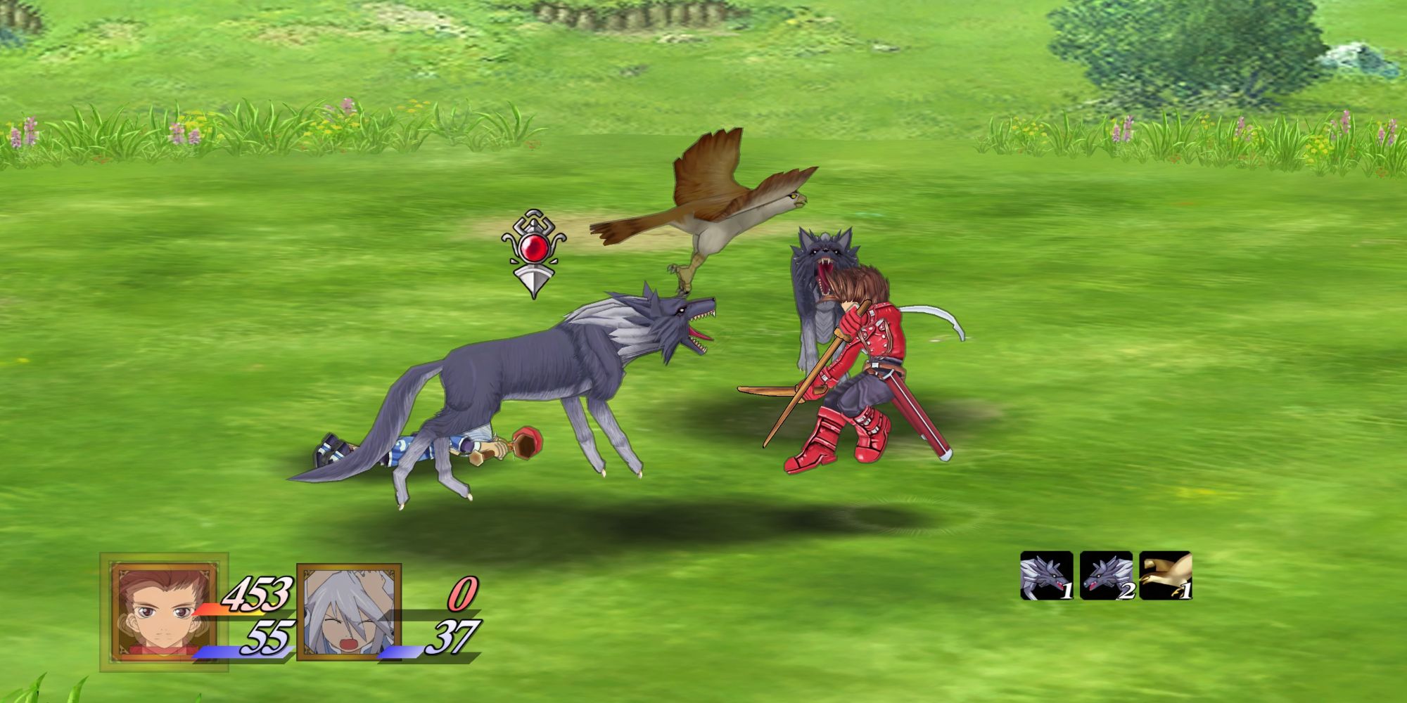 Lloyd performing a backstep in combat to evade the bite from a wolf in Tales of Symphonia Remastered