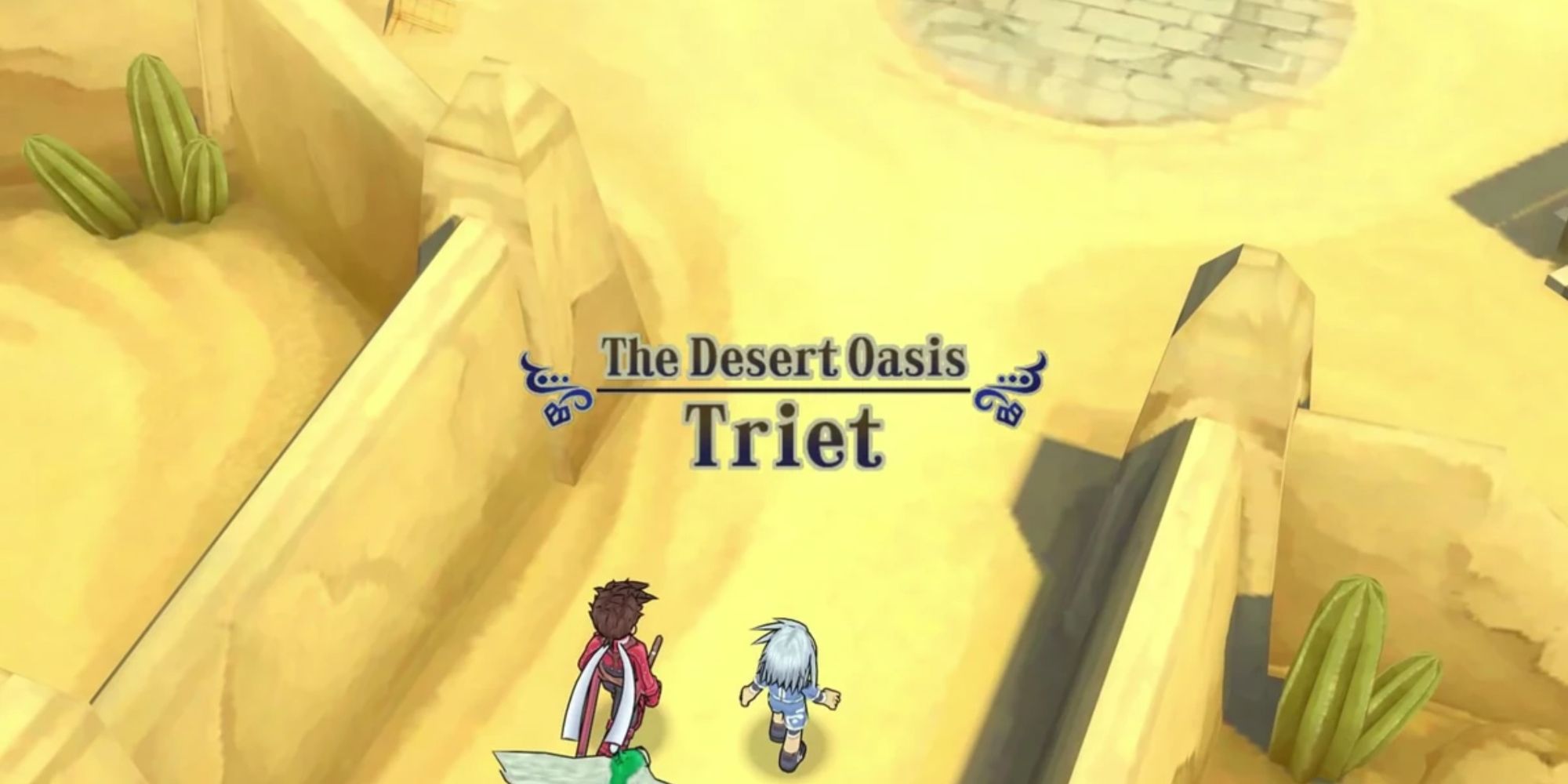 Lloyd and Genis arriving at Triet in Tales of Symphonia Remastered