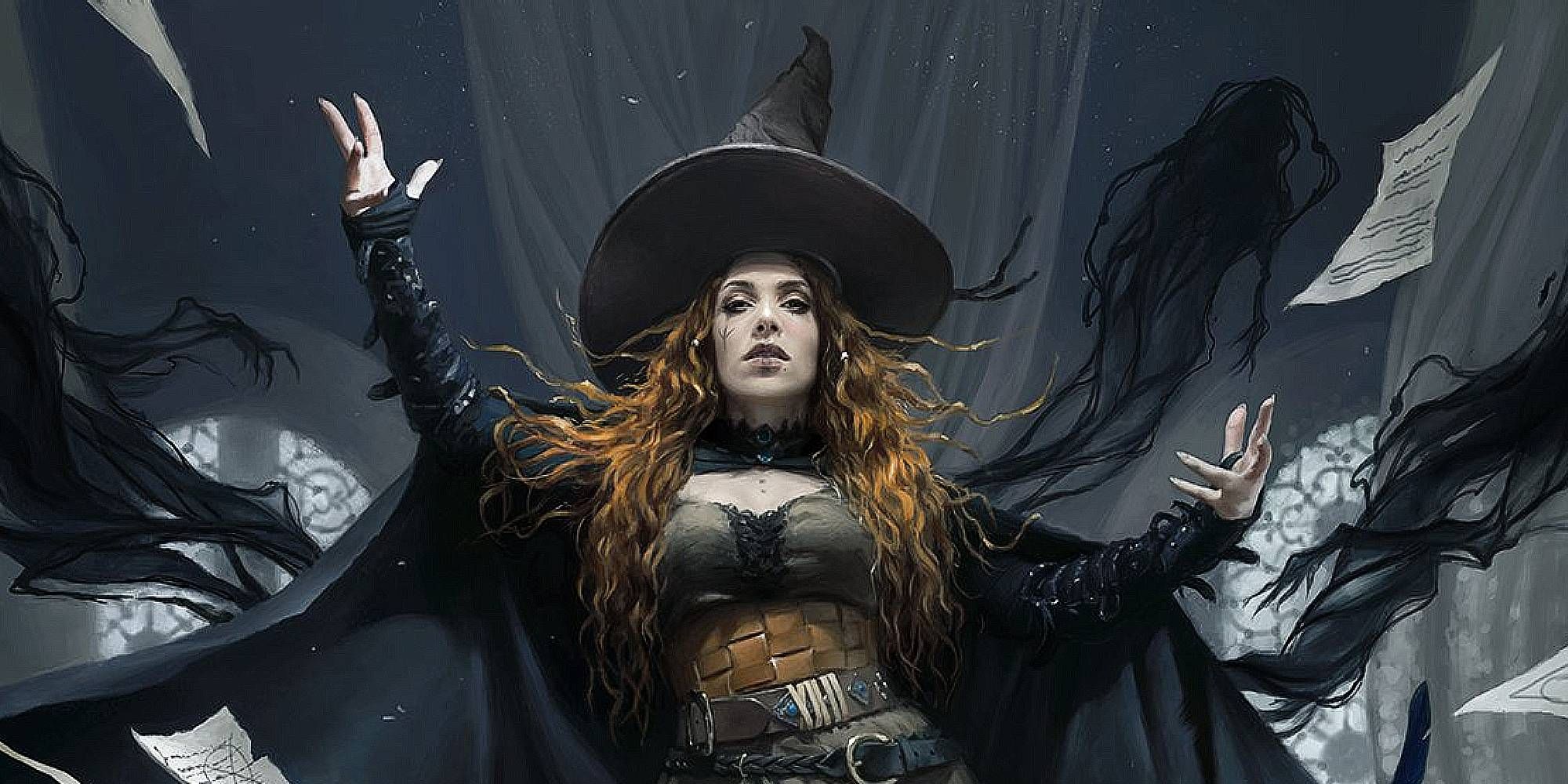A woman in dark clothing poses as shadowy magic emanates from her