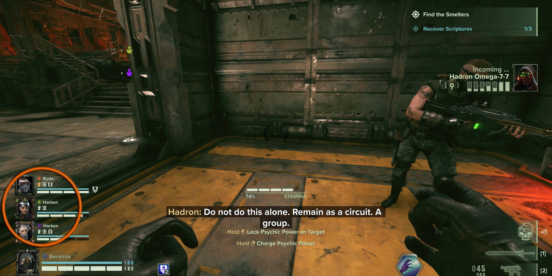 In-game screenshot highlighting the team's ammo and grenade counters in Darktide