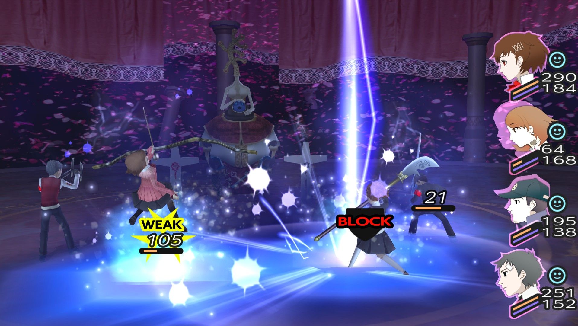 the female protagonist blocking an electric attack while yukari is weak to it during the hierophant fight in persona 3 portable