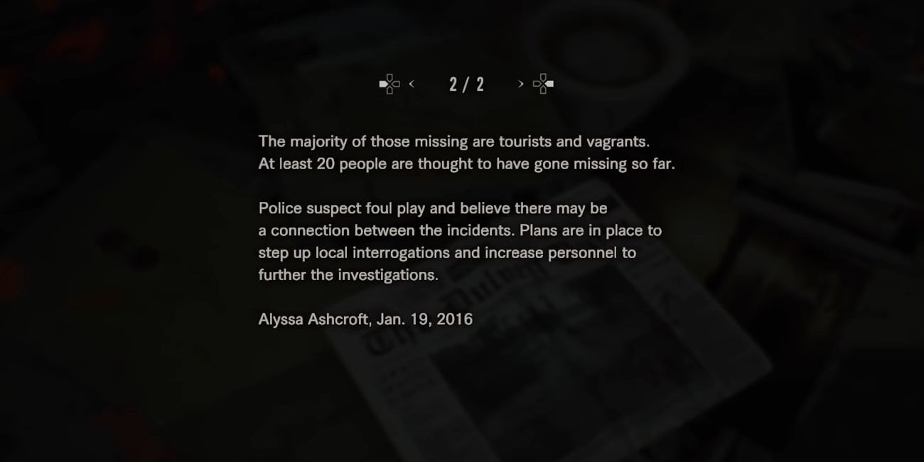 The newspaper article done by Alyssa in Resident Evil 7.