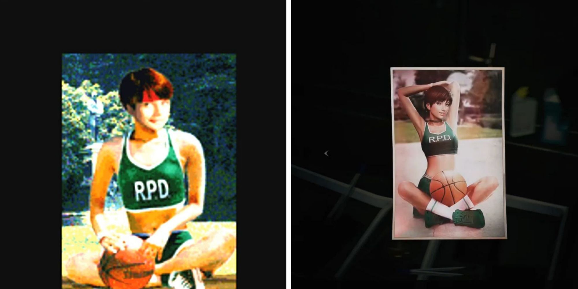 The Rebecca Chambers basketball photo in both the original Resident Evil 2 and its remake.