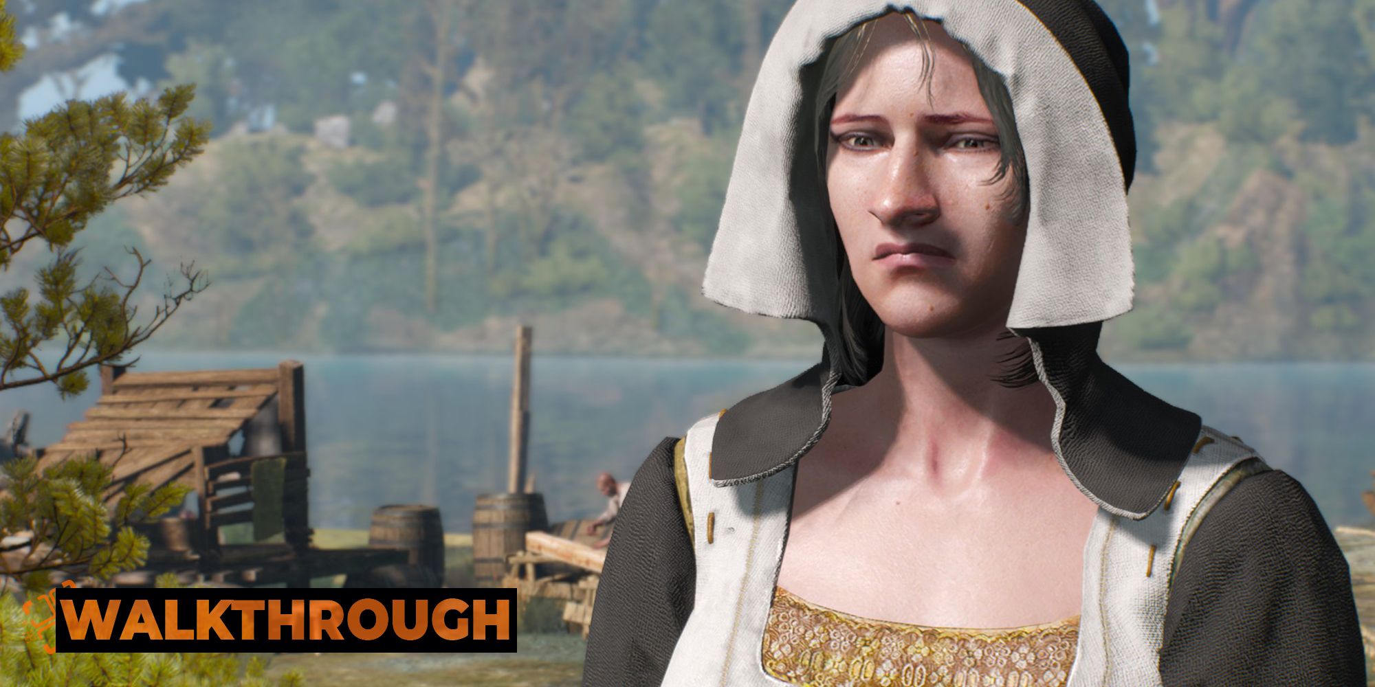 A sullen woman frowns on a sunny day, with a river behind her.