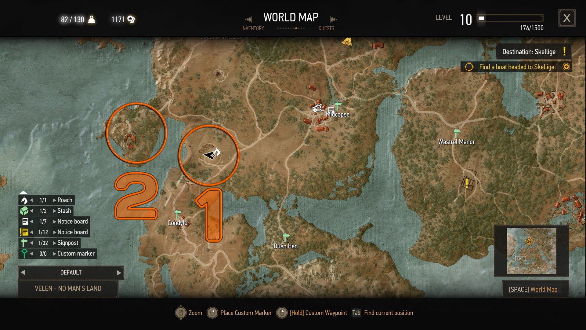 An annotated screenshot from The Witcher 3, showing two areas that players need to investigate to start a quest.
