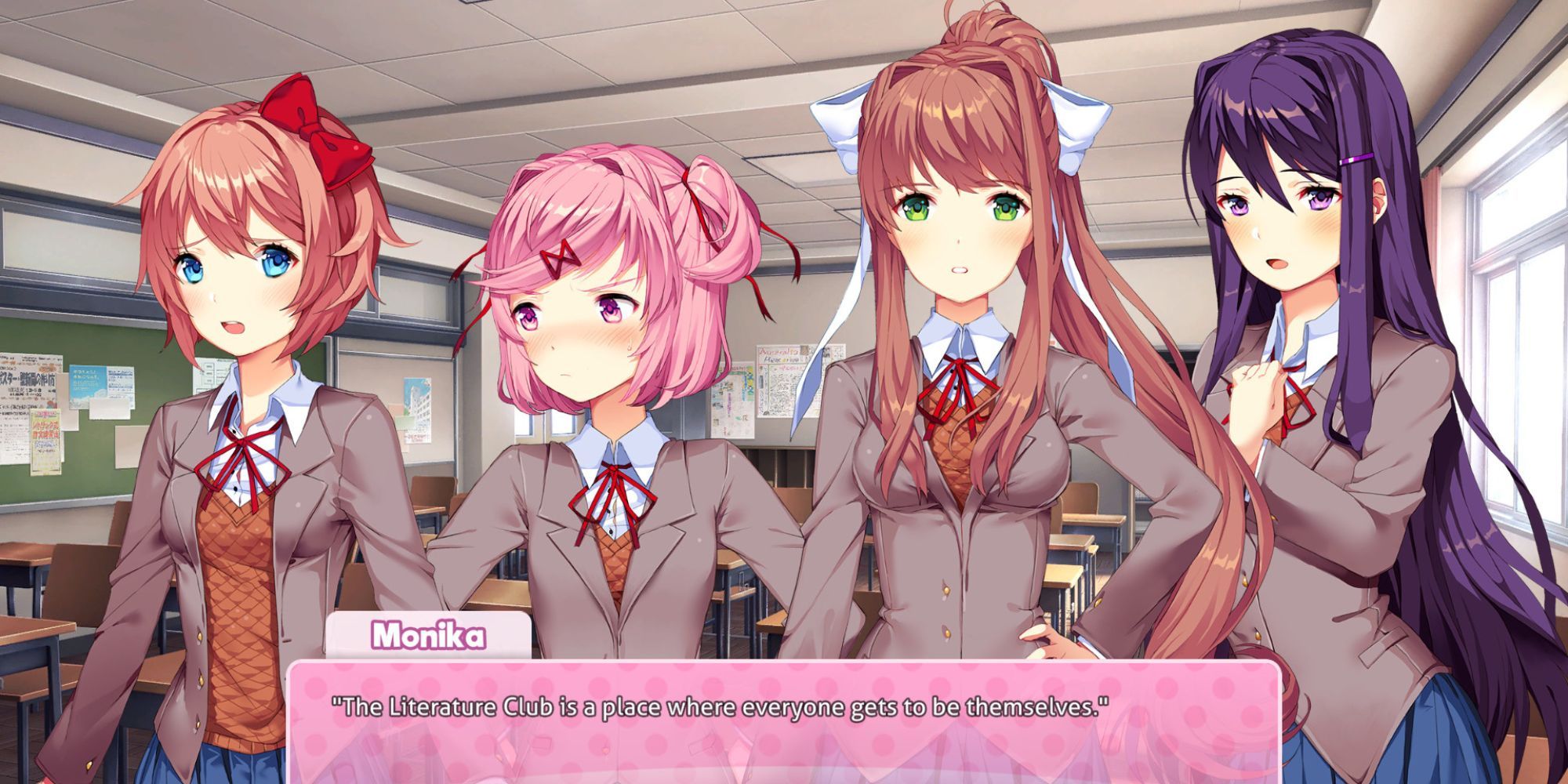 Monika talks about the Literature Club while Sayori, Natsuki, and Yuri stand around her in the classroom