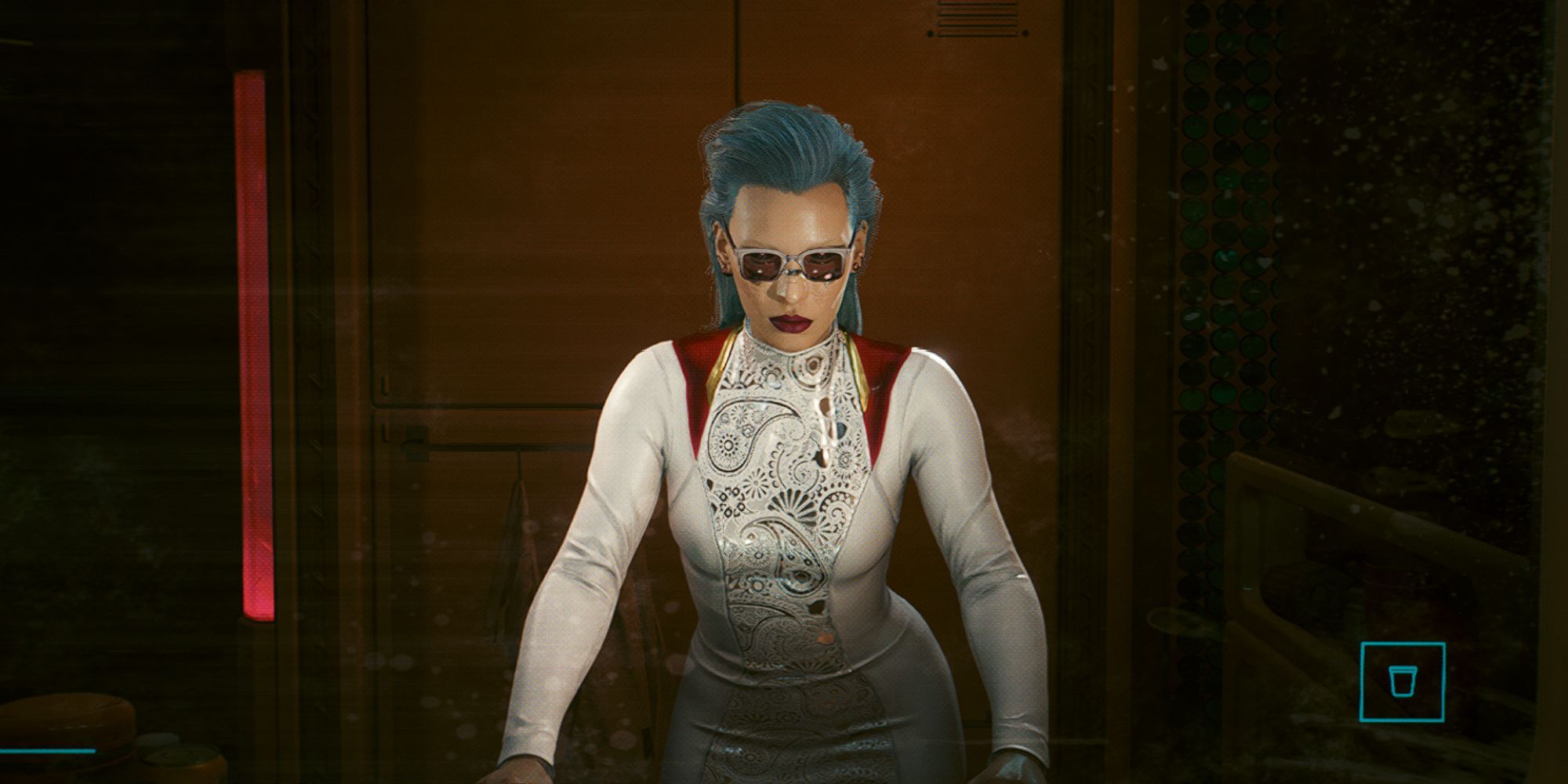 V looks at herself in the mirror dressed in corpo attire