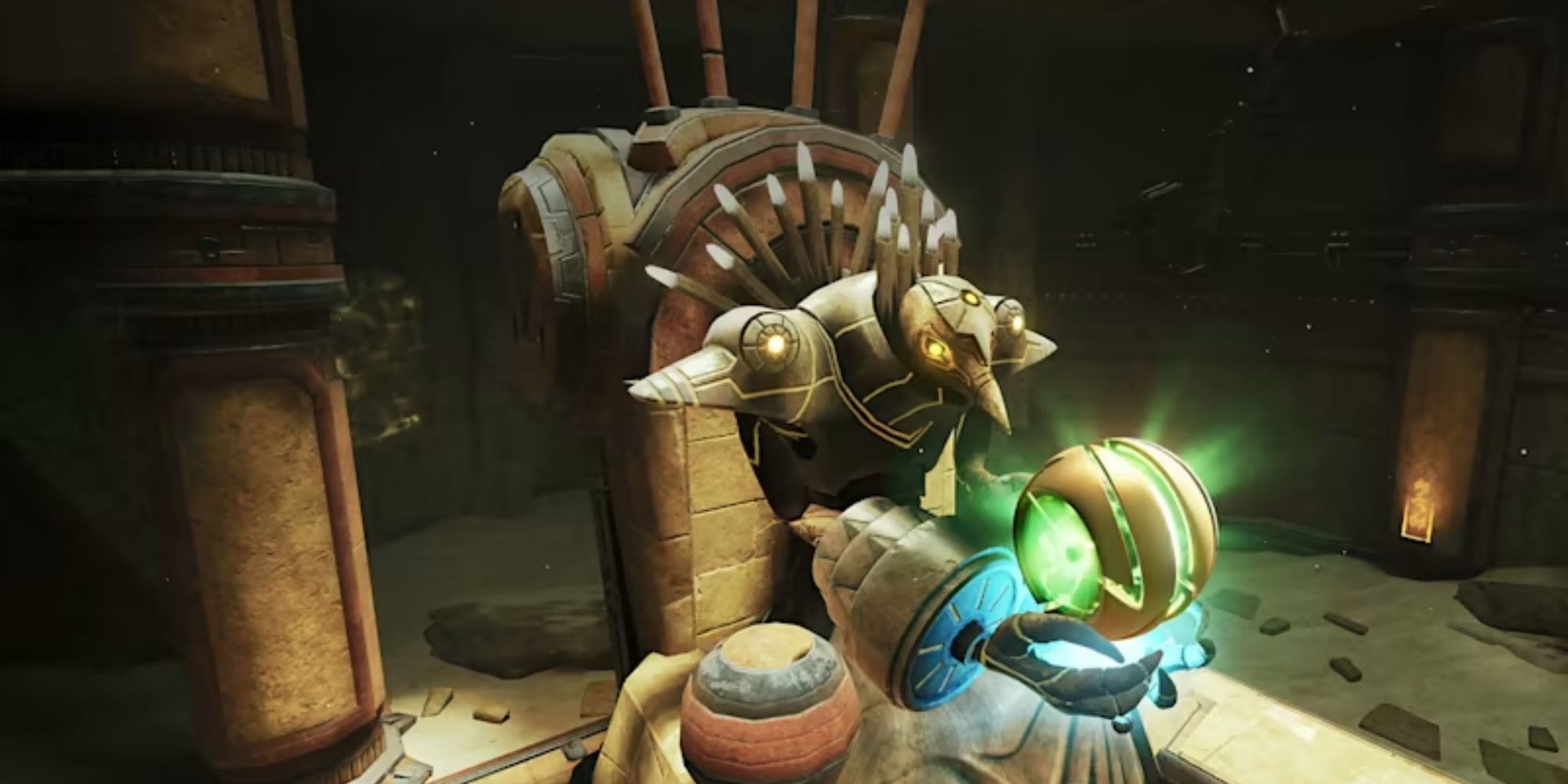 Samus sits in the hands of a Chozo Statue while in a Morph Ball
