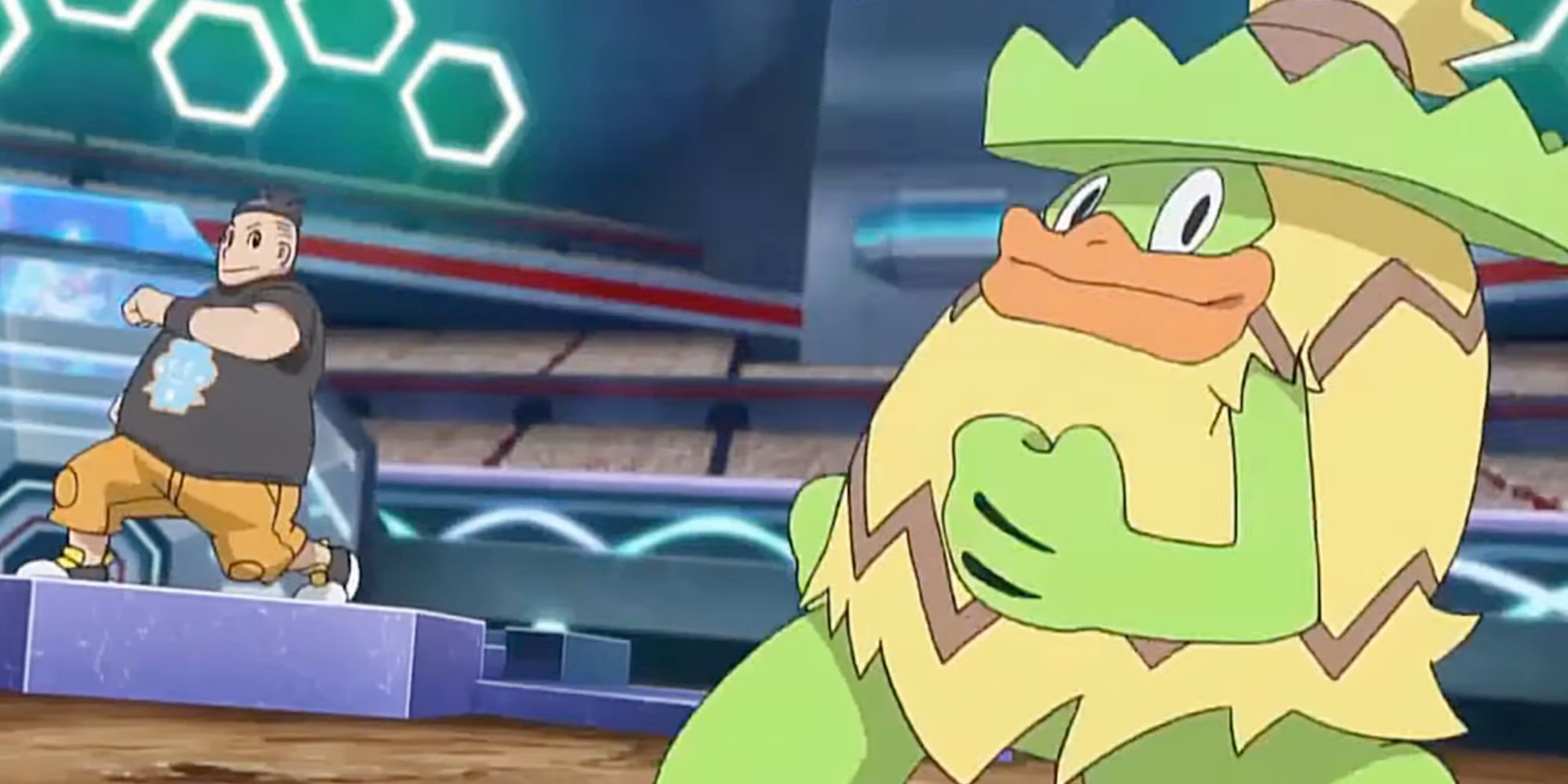 Tierno and Ludicolo from Pokemon Anime dancing on a battle stage