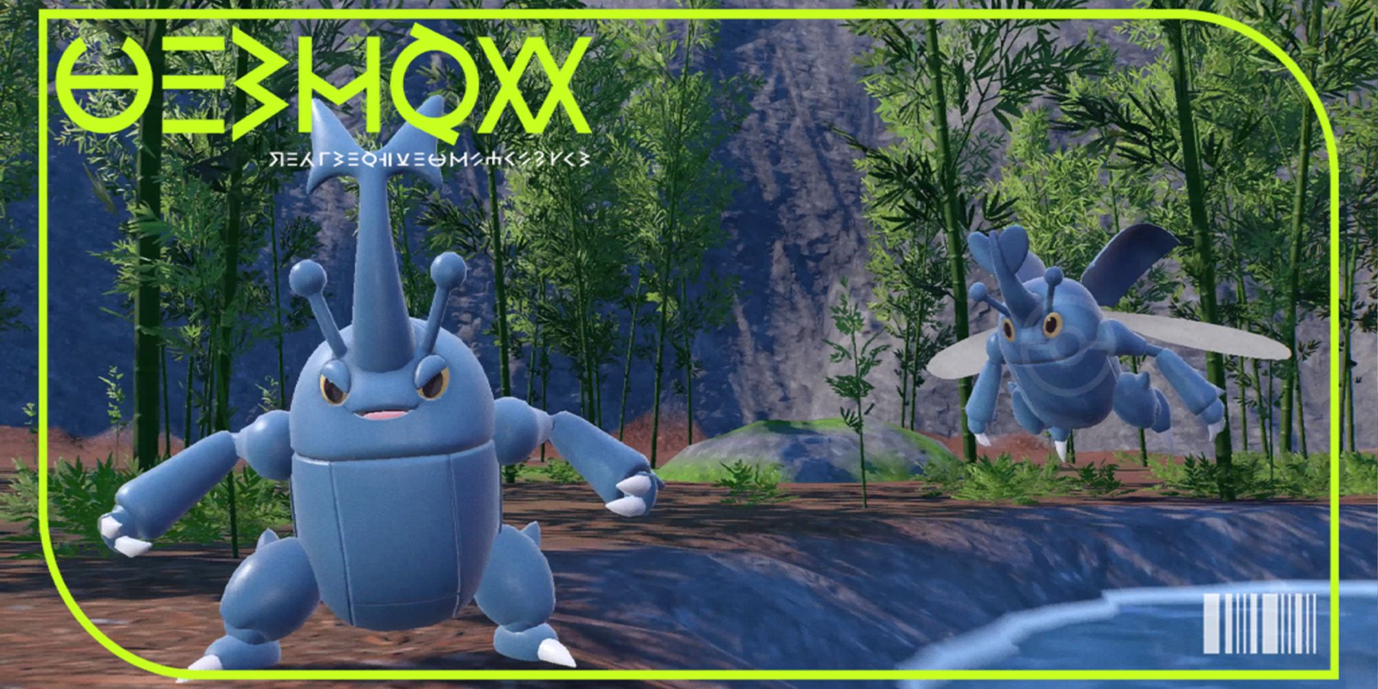 two Heracross in a muddy forest, one is yelling at the camera in its pokedex picture from Pokemon Scarlet and Violet