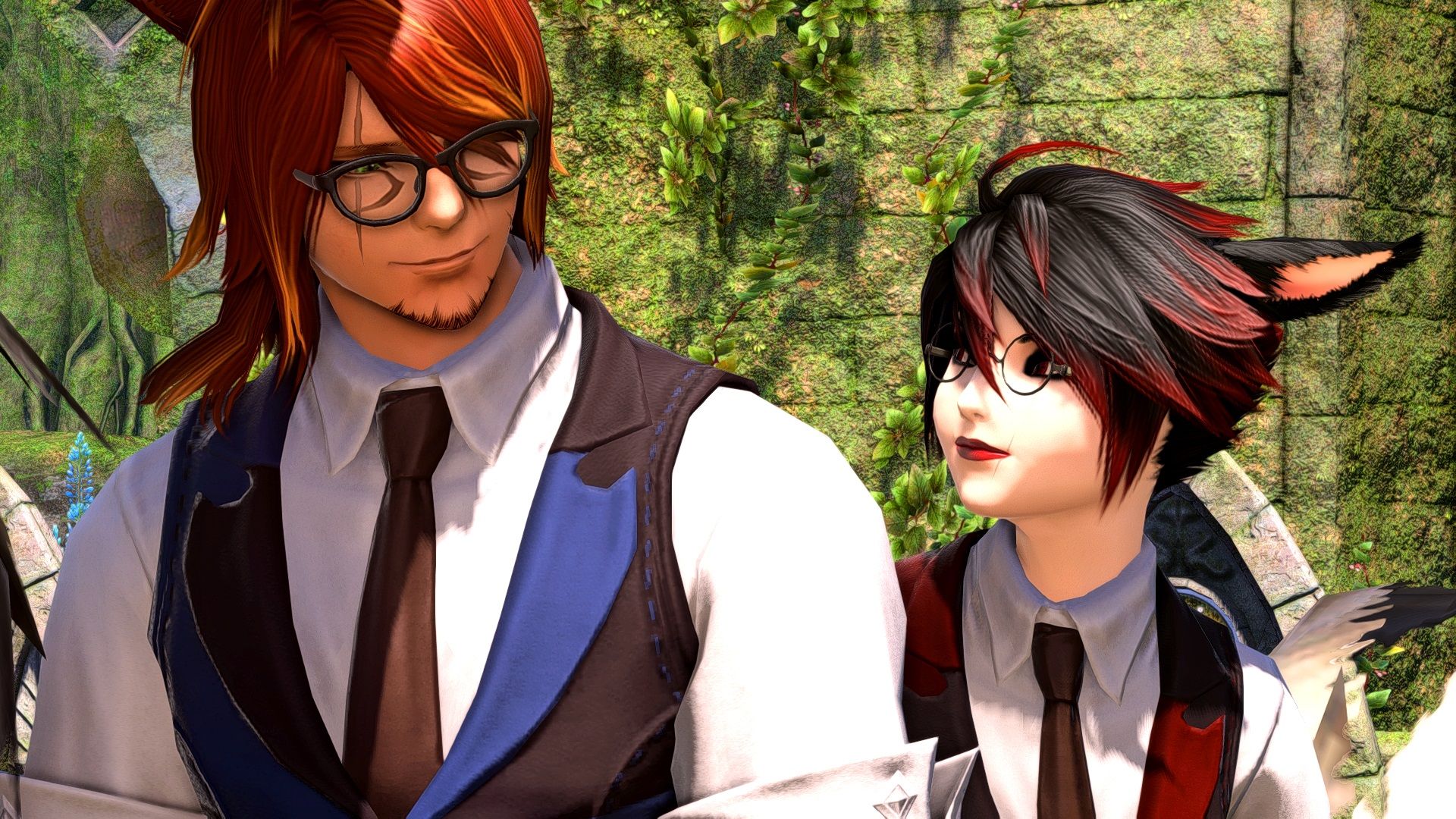Two Miqo'te wearing glasses and looking at eachother in Final Fantasy 14.